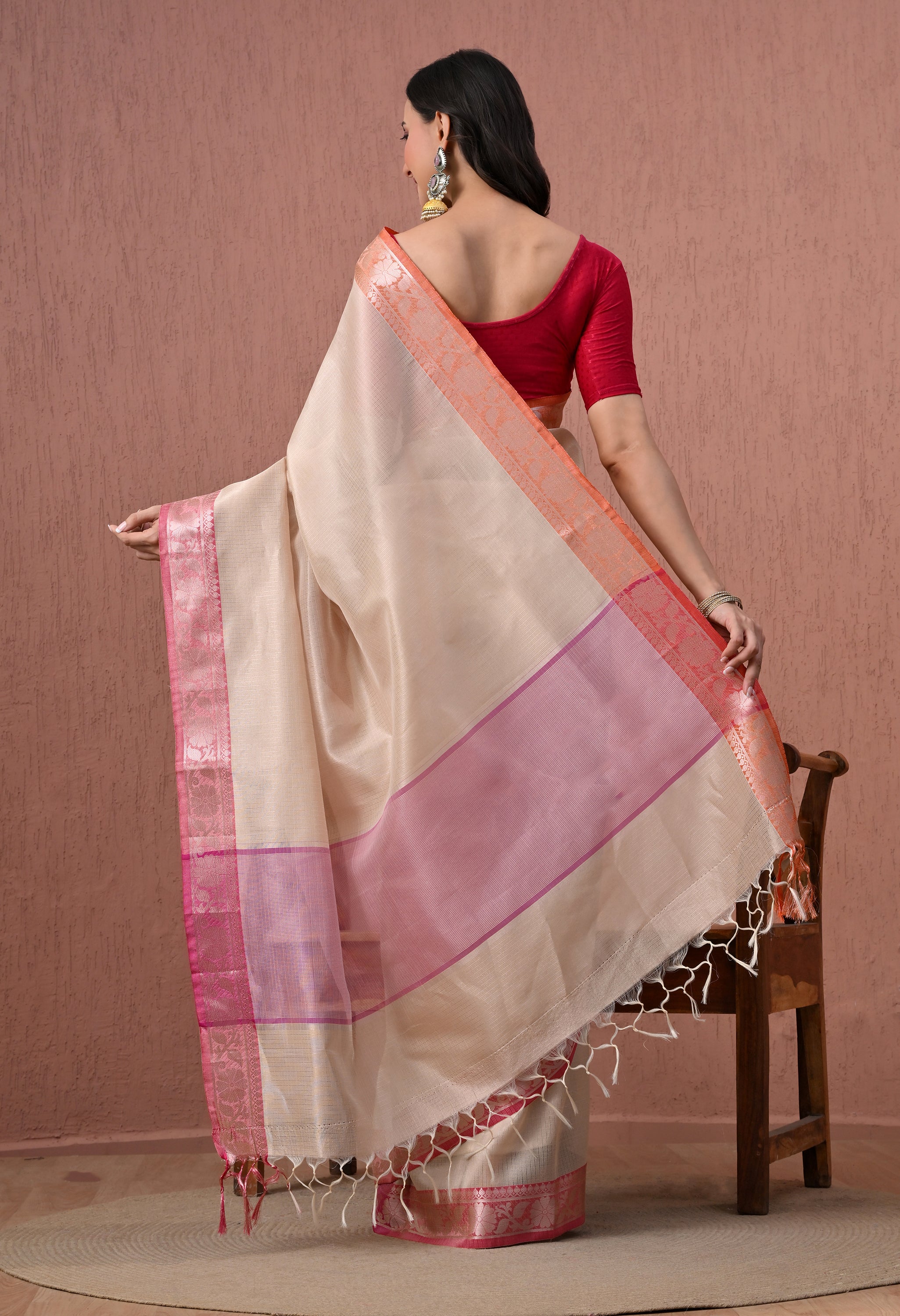 Pure Cotton Saree in Beige with Zari Border and Contrast Rani Pink Pallu