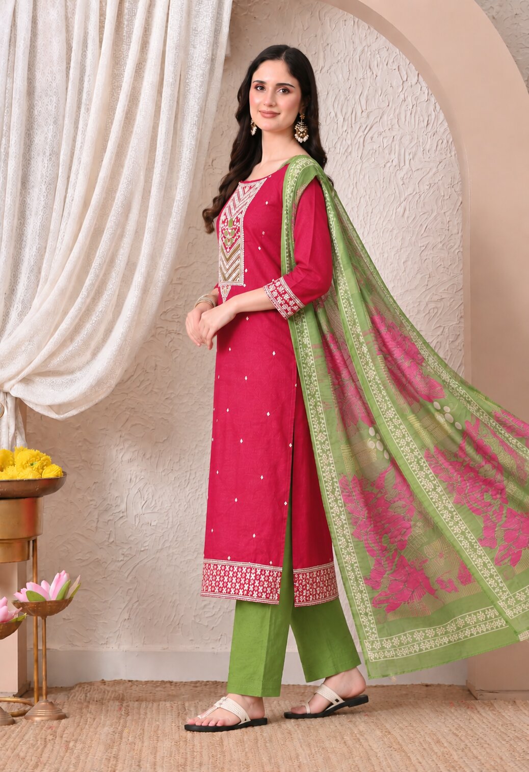 Magenta Pink Chanderi Silk Embroidered Suit Set with Organza Dupatta