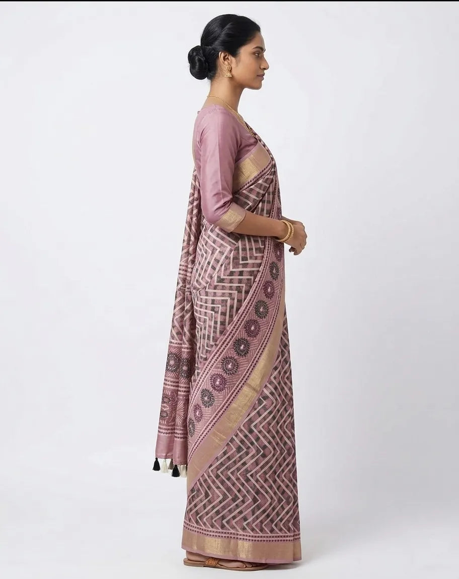 Mauve Silk Blend Geometric Printed Saree with Zari Border
