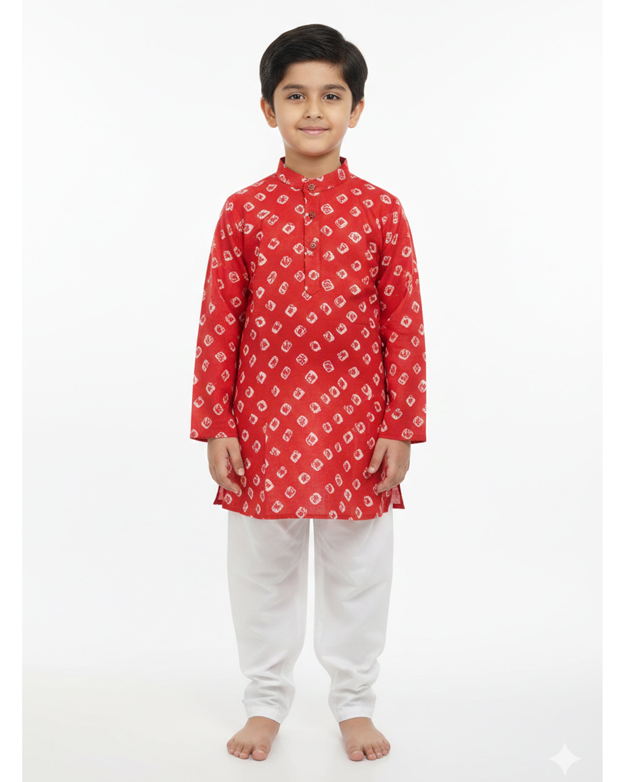 Boys Red & White Bandhani Printed Pure Cotton Kurta with Pyjamas