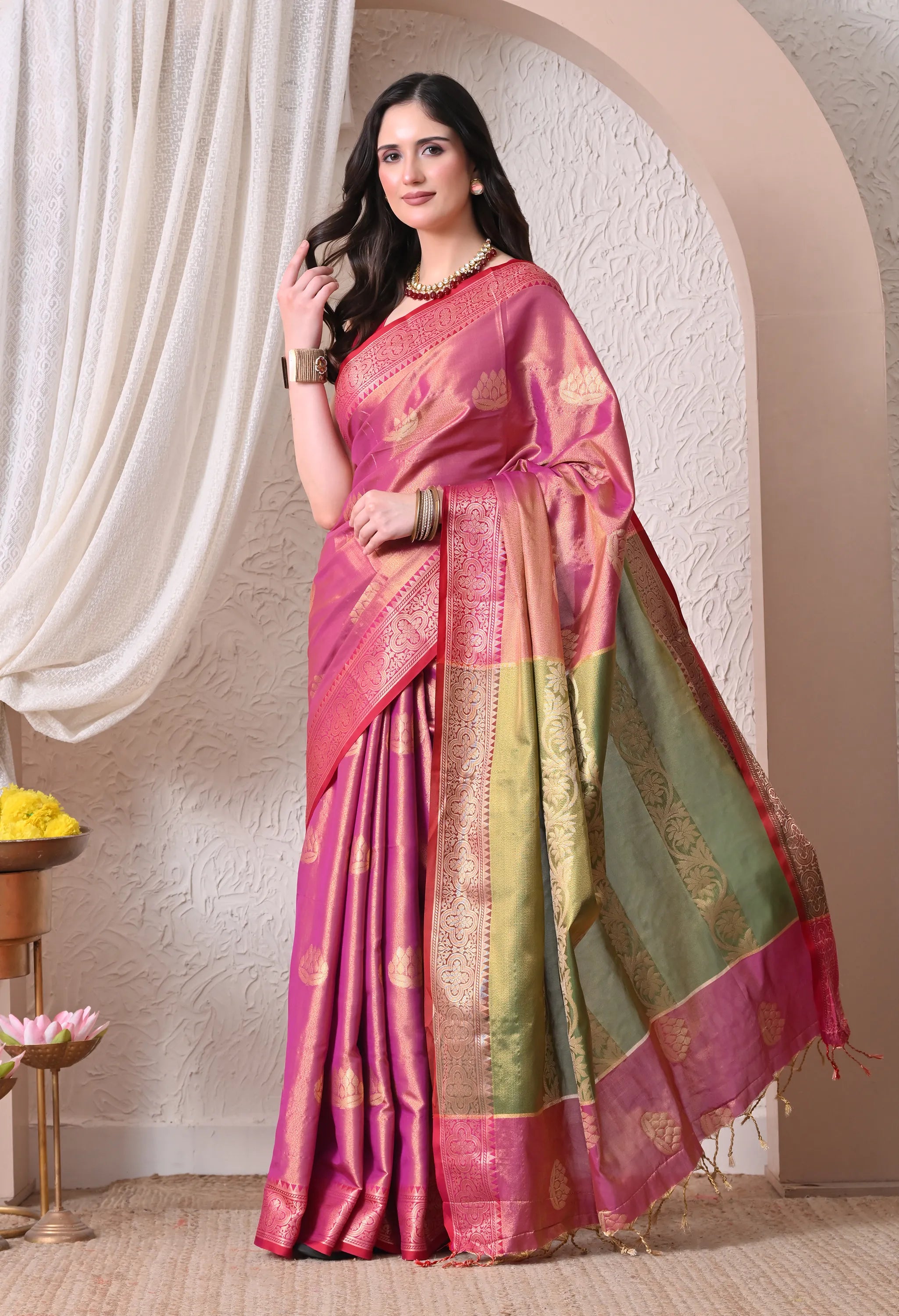 Rani Pink Silk Blend Saree with Gold Lotus Motifs and Contrast Olive Pallu