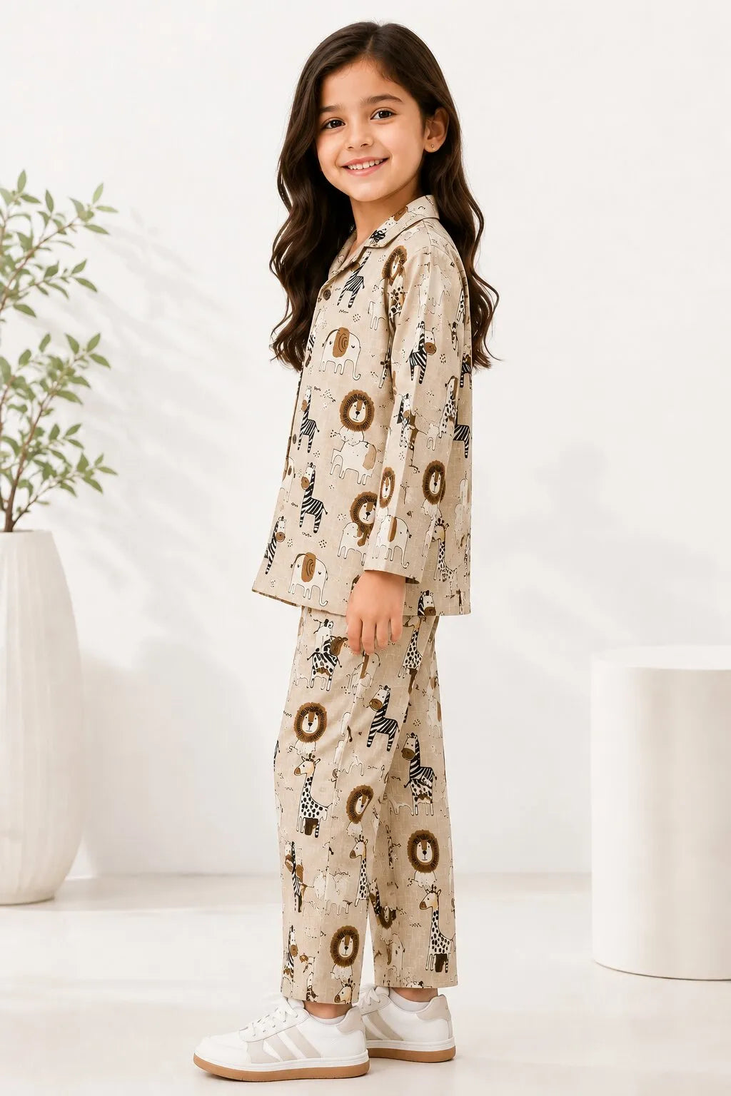 Kids Girls Full Sleeve Collared Pure Cotton Night Suit