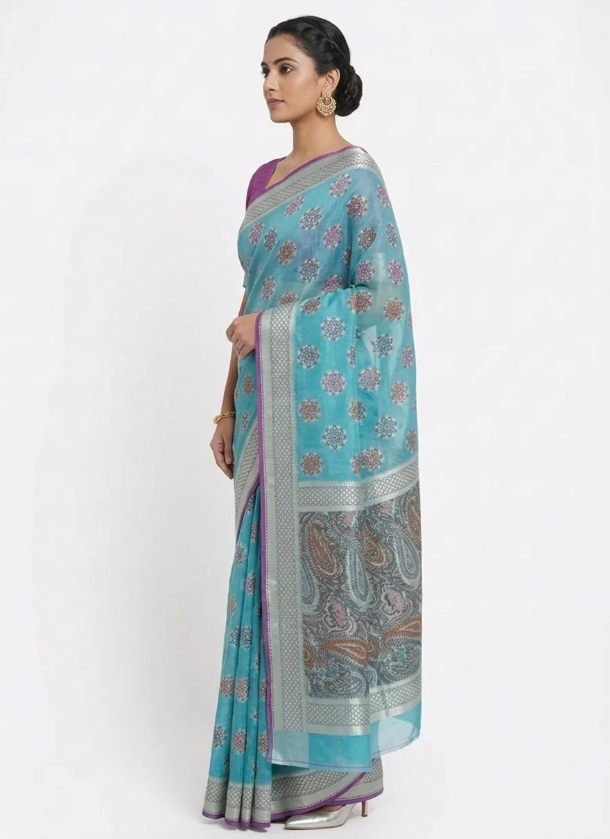 Women Turquoise Blue & Purple Floral Printed Chanderi Silk Saree with Unstitched Blouse