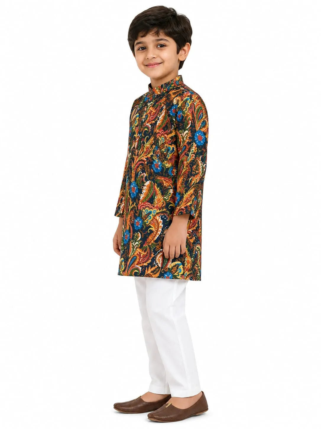 Boys Multicolor Kalamkari Print Pure Cotton Kurta with Pyjamas