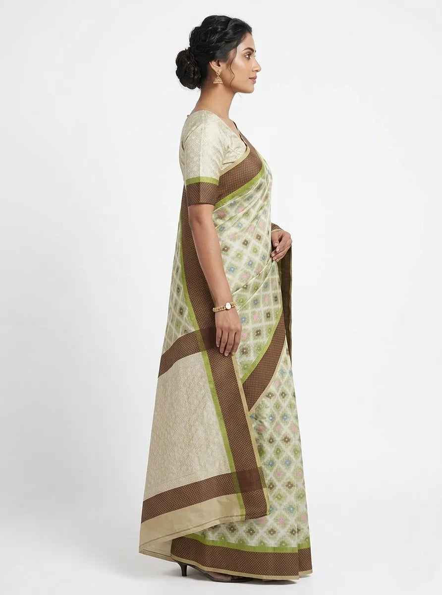 Women Sage Green & Brown Geometric Printed Chanderi Silk Saree with Unstitched Blouse
