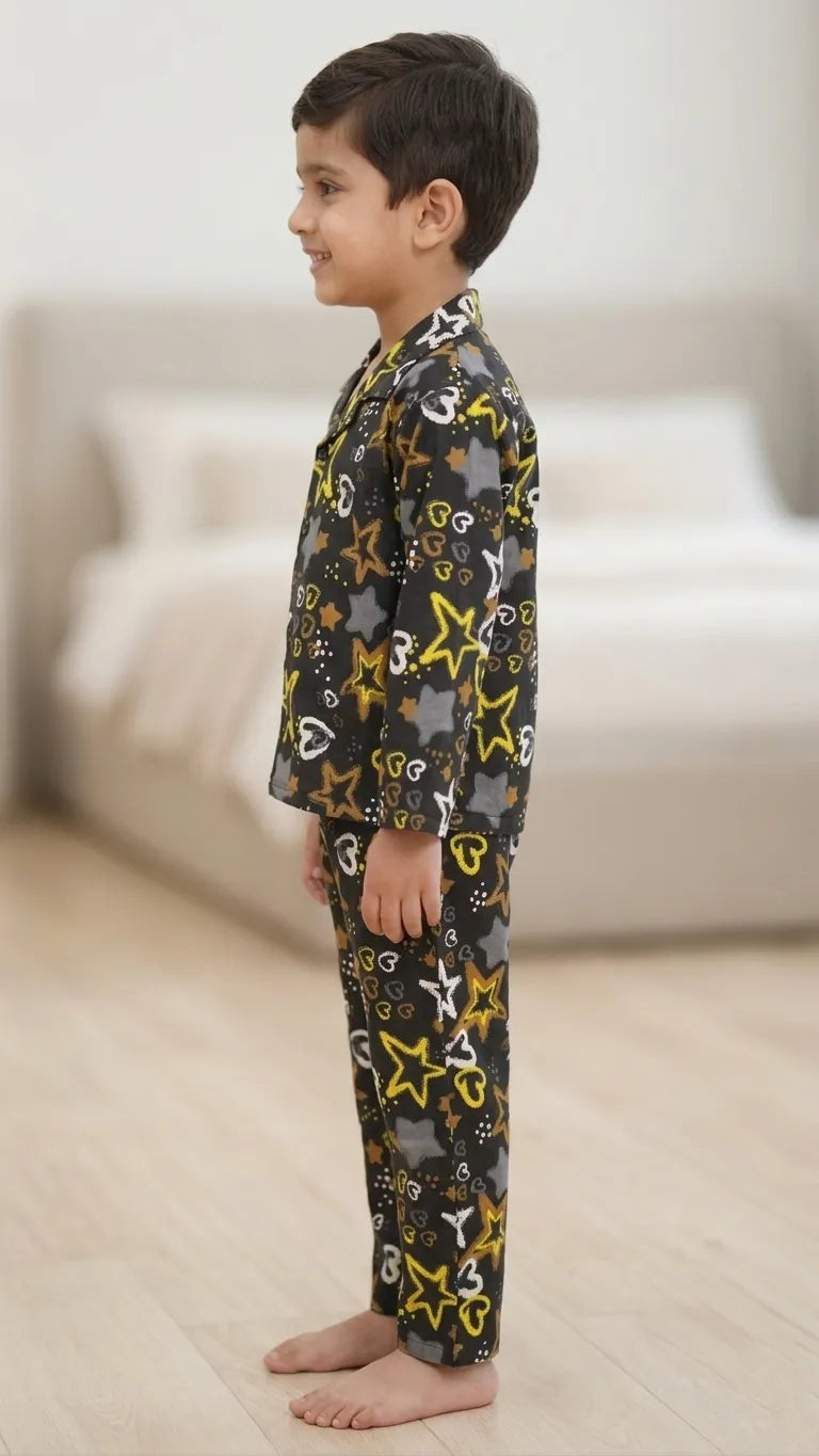 Boys Black & Yellow Star Printed Pure Cotton Night Suit