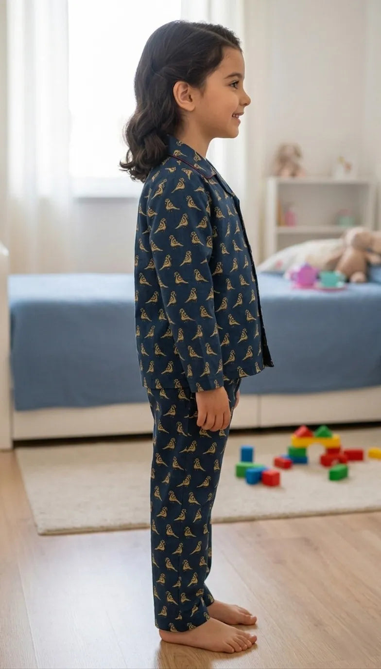 Girls Navy Blue & Bird Print Pure Cotton Night Suit