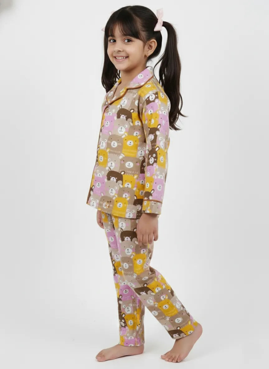 Kids Girls Full Sleeve Collared Pure Cotton Night Suit