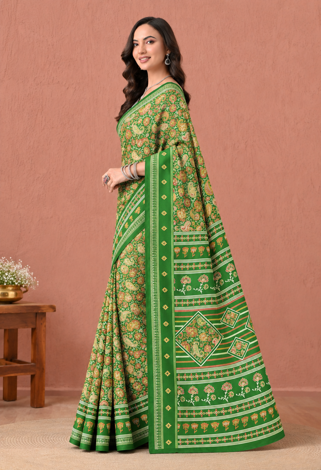 Elegant Green Georgette Saree with Intricate Floral Print and Traditional Border