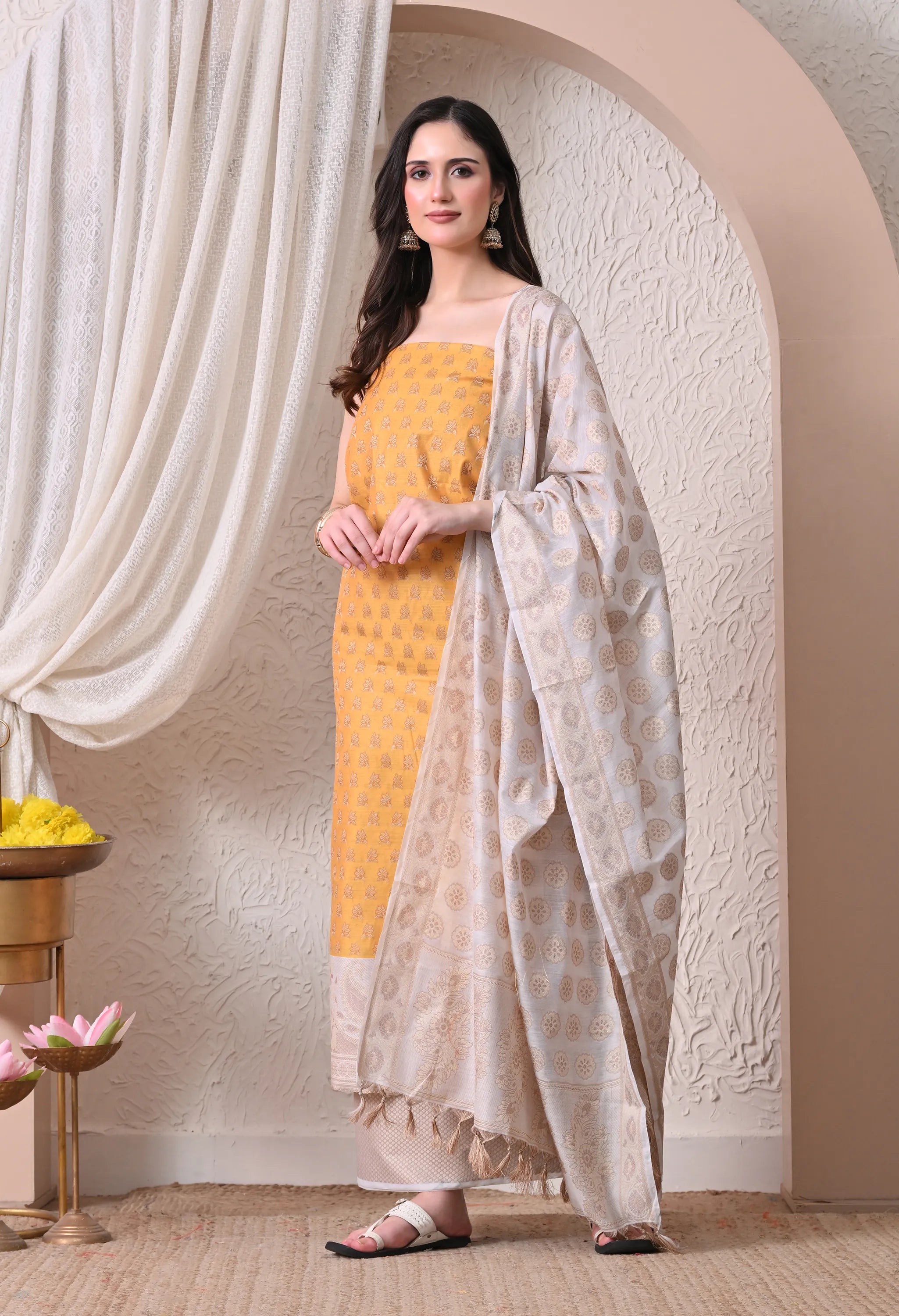 Elegant Mustard Yellow and Off-White Woven Silk Unstitched Salwar Suit Material with Banarasi Style Dupatta