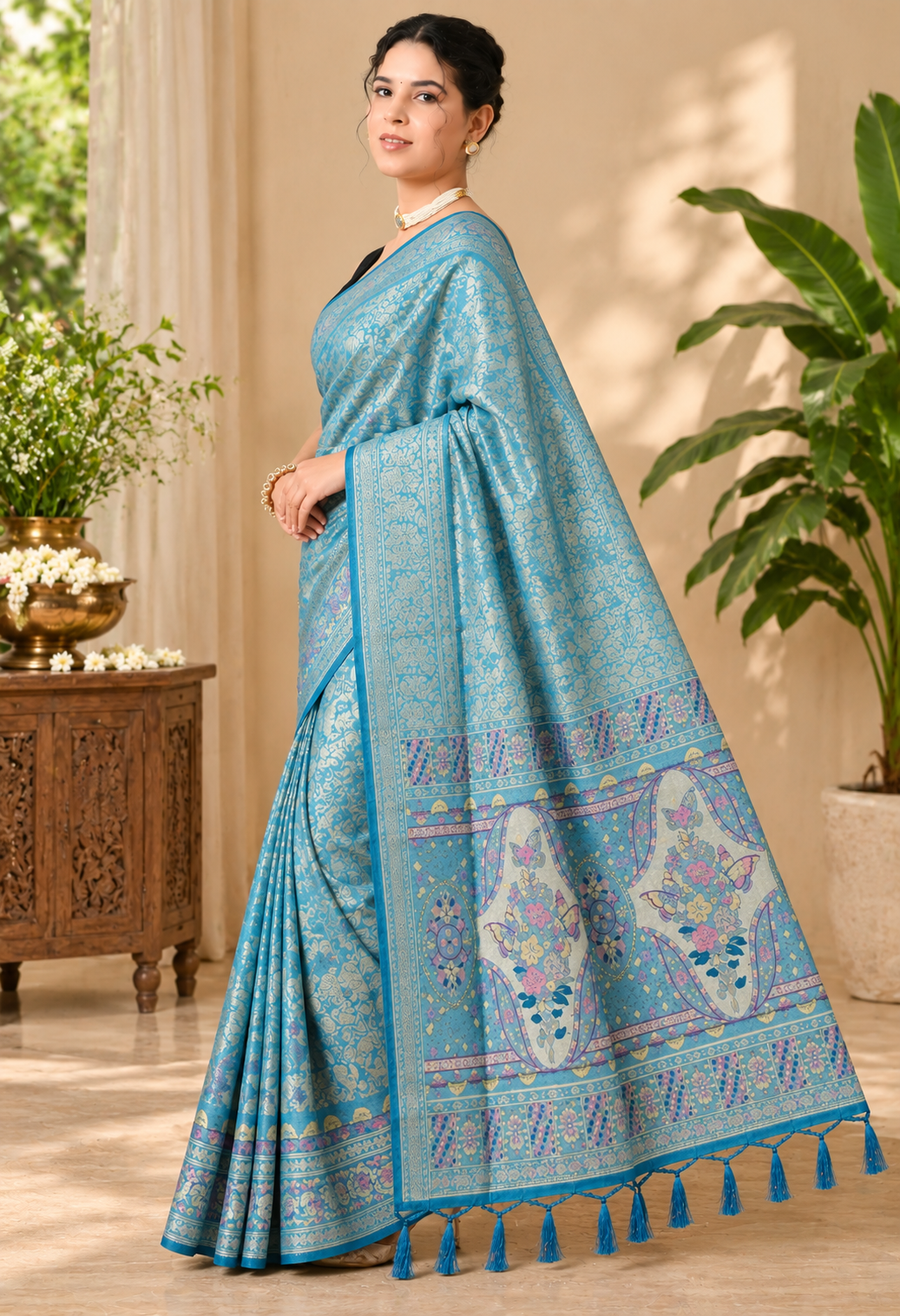 Elegant Blue Printed Saree with Floral Pallu & Tassel Detailing
