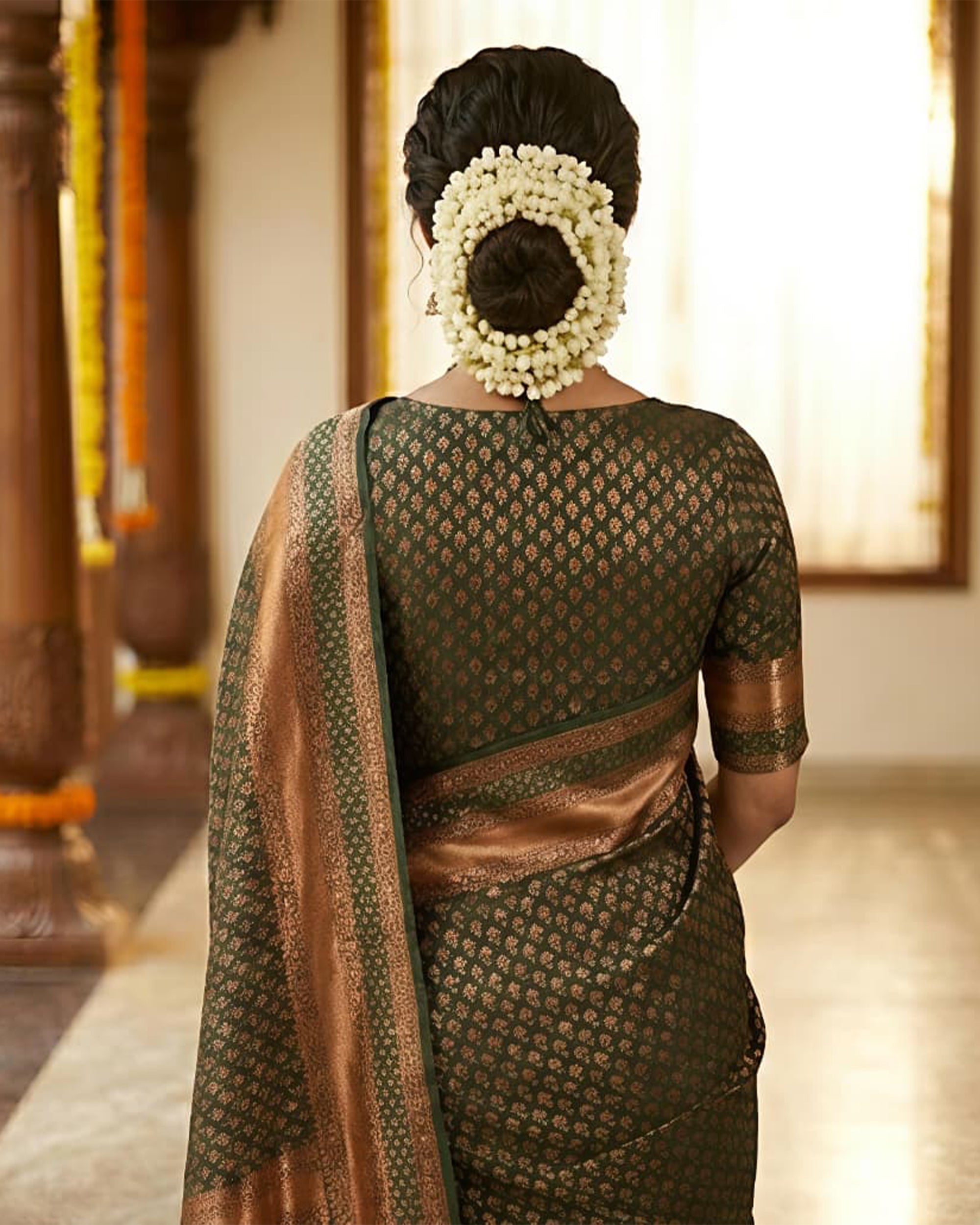 Olive Green & Copper-Toned Woven Design Banarasi Art Silk Saree