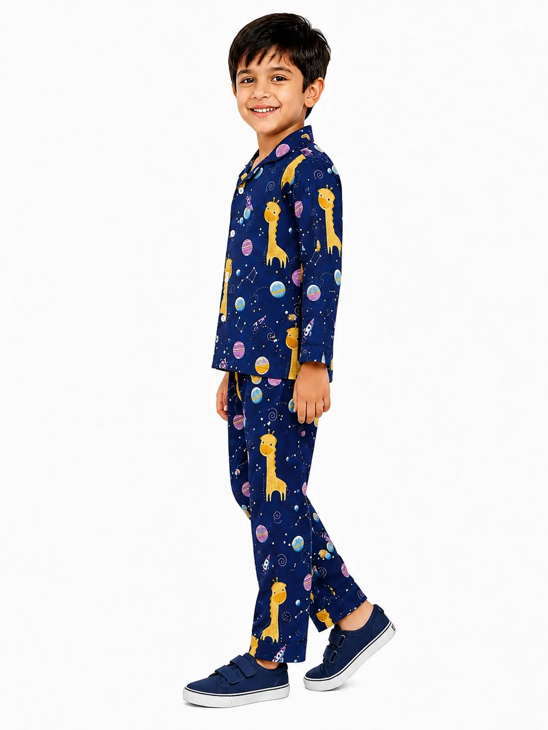 Kids Boys Navy Blue & Yellow Giraffes in Space Printed Night Suit