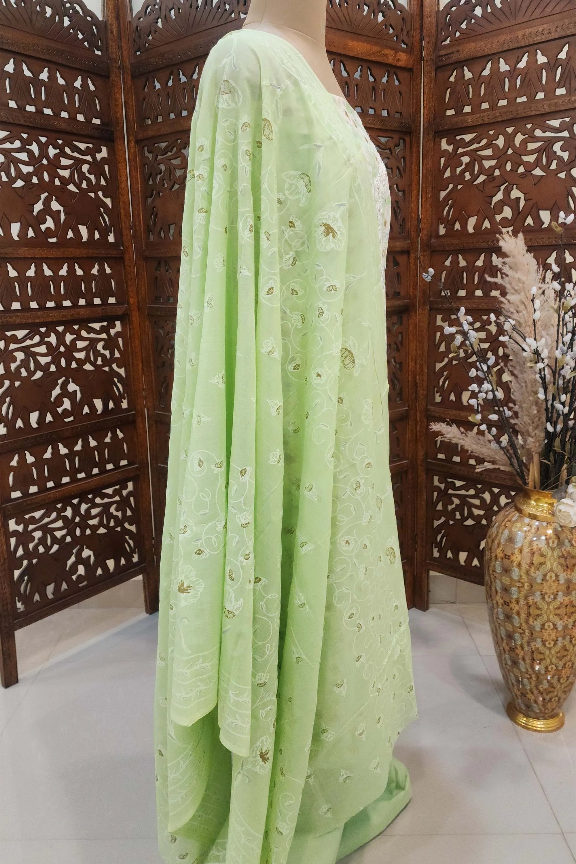 Seafoam Green & White Floral Printed Pure Cotton Unstitched Dress Material with Embroidered Neckline