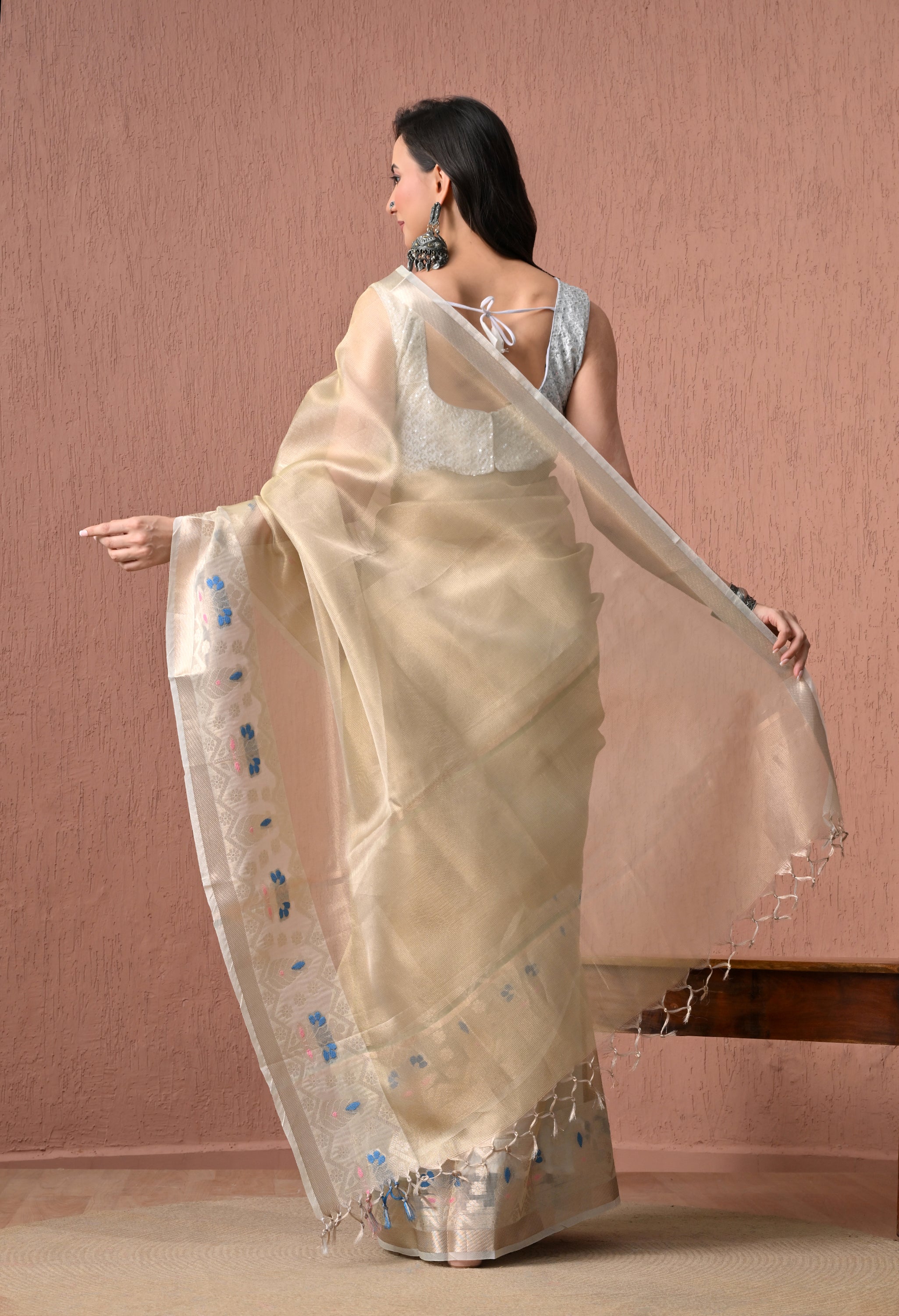 Pure Cotton Saree in Light Golden-Cream with Resham and Silver Zari Jamdani Artistry