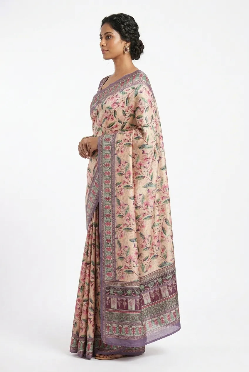 Women Beige & Purple Floral Printed Silk Blend Saree