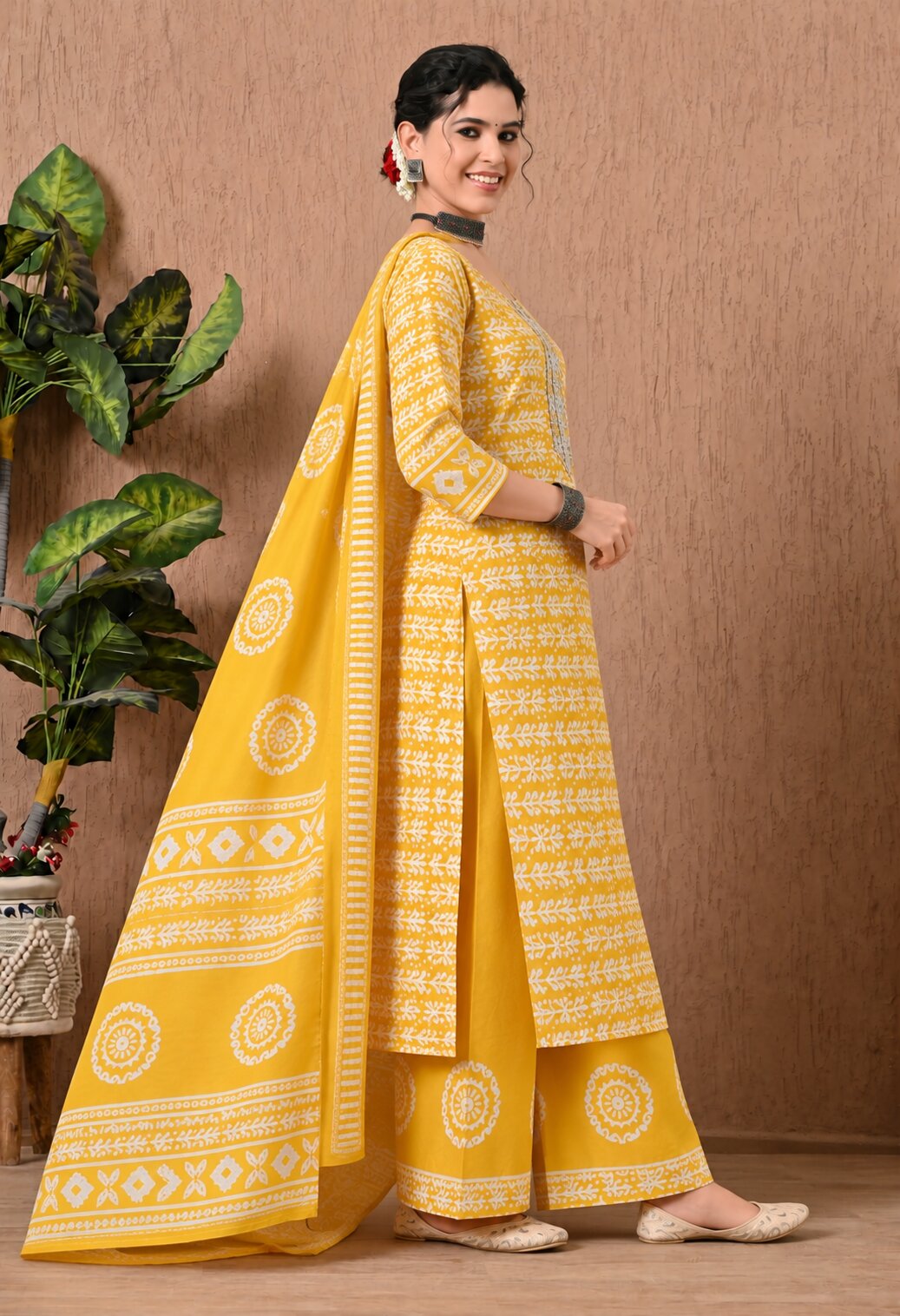 Mustard Yellow Cotton Printed Suit Set with Matching Cotton Dupatta for Women