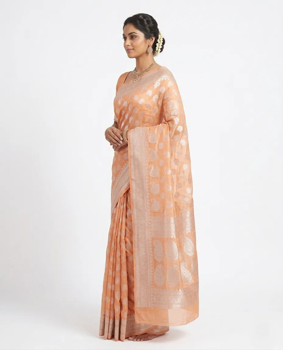Peach & Silver Woven Design  Silk Saree