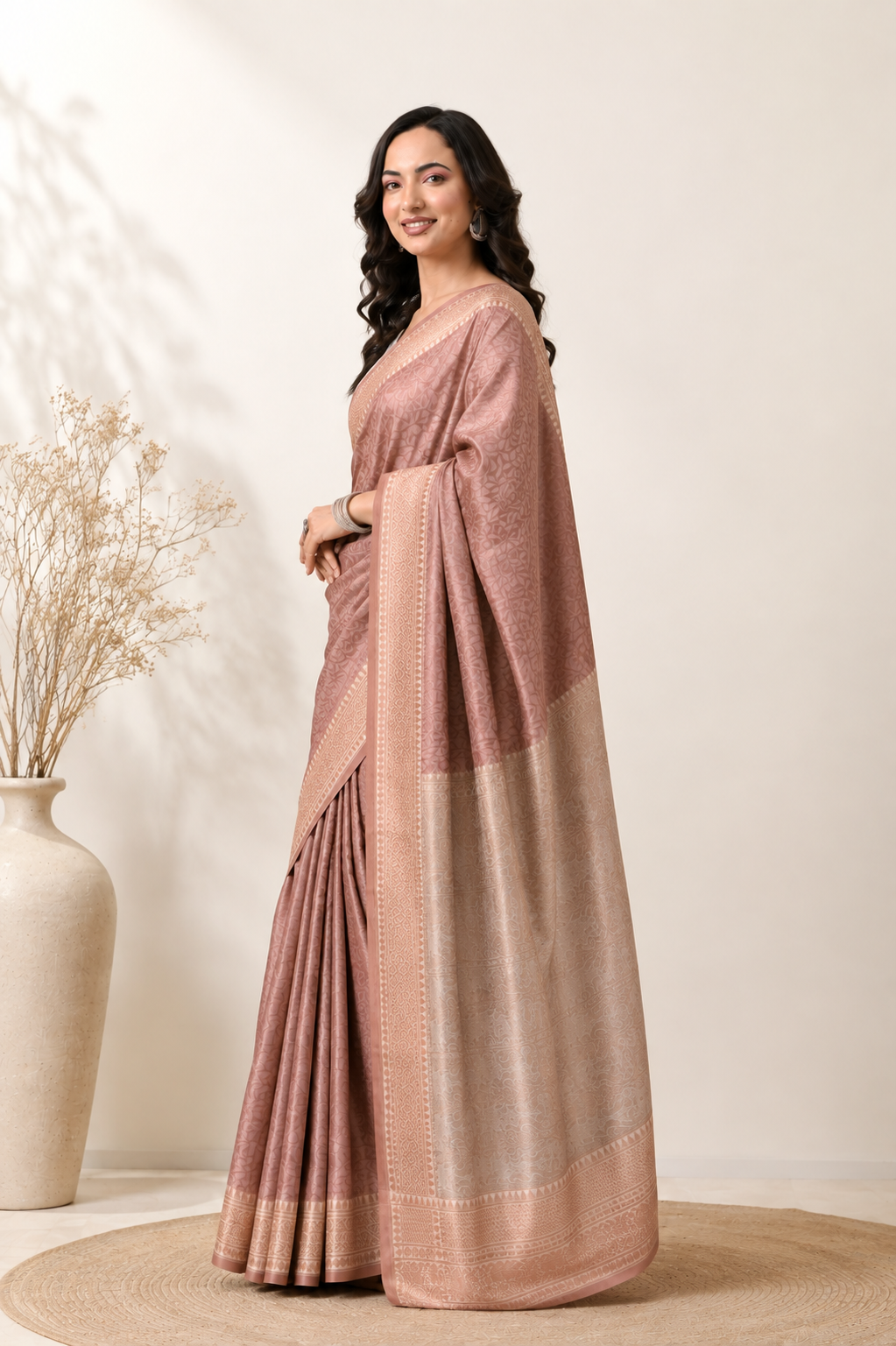 Women Dusty Rose Art Silk Woven Design Saree with Rich Border