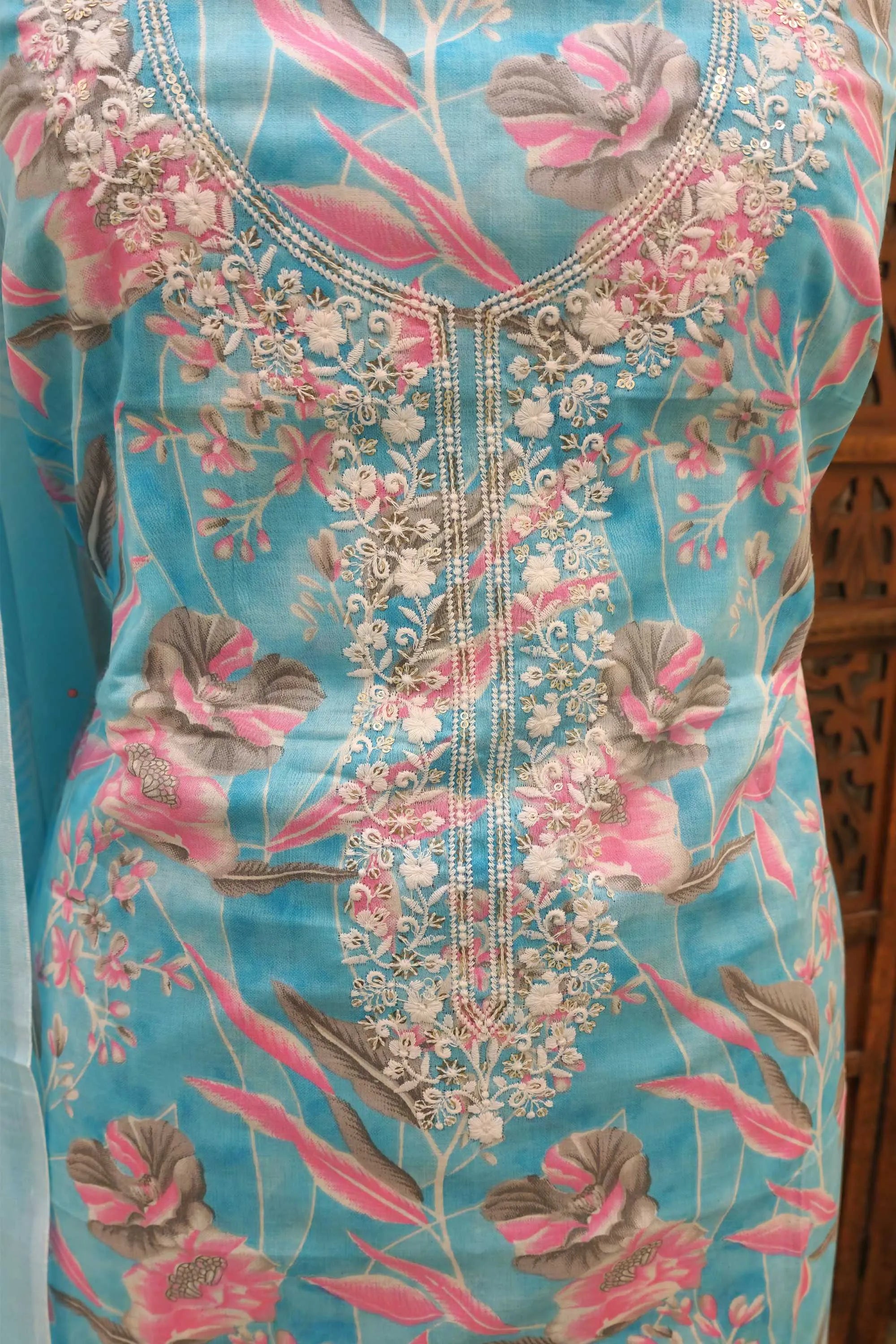 Women Sky Blue & Pink Floral Printed Pure Cotton Unstitched Dress Material with Embroidered Neckline