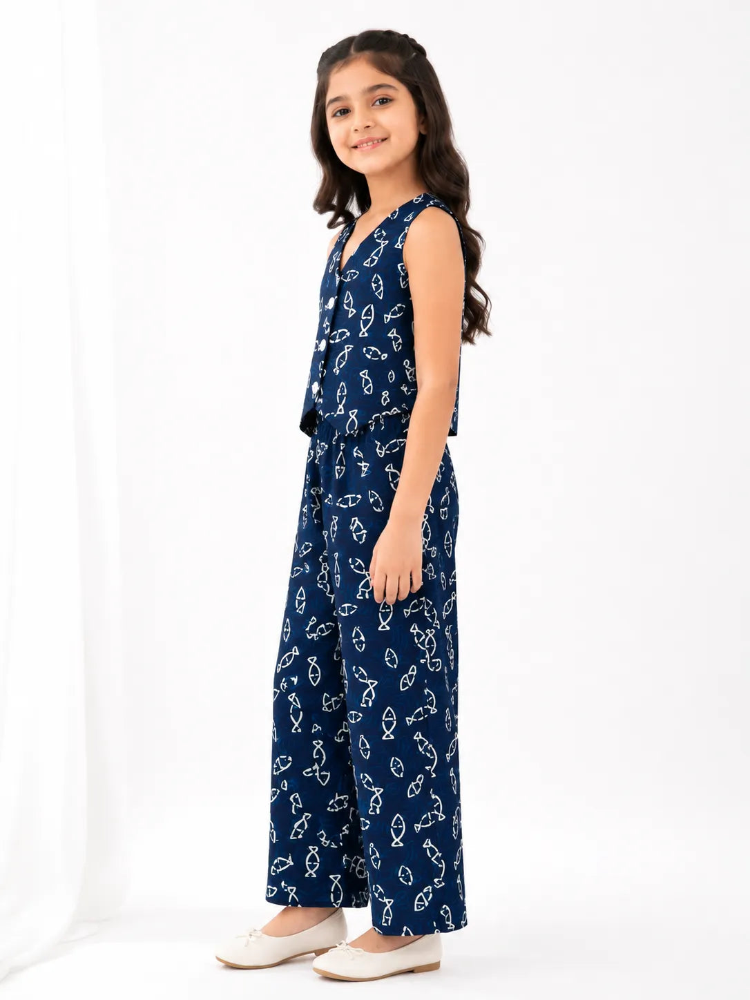 Girls Navy Blue Fish-Print Vest Top & Wide-Leg Co-Ord Set