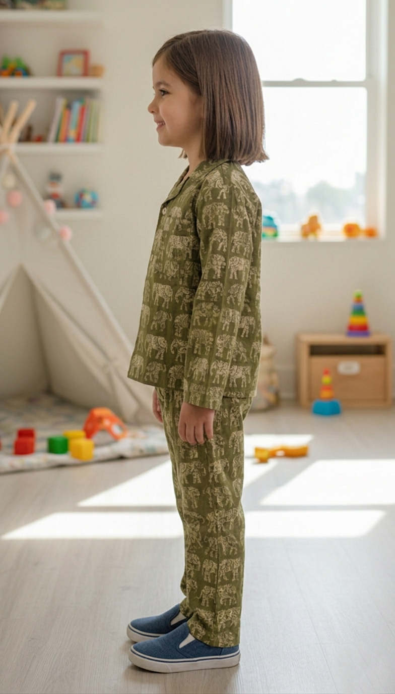 Kids Olive Green & Beige Elephant Print Cotton Lounge Set