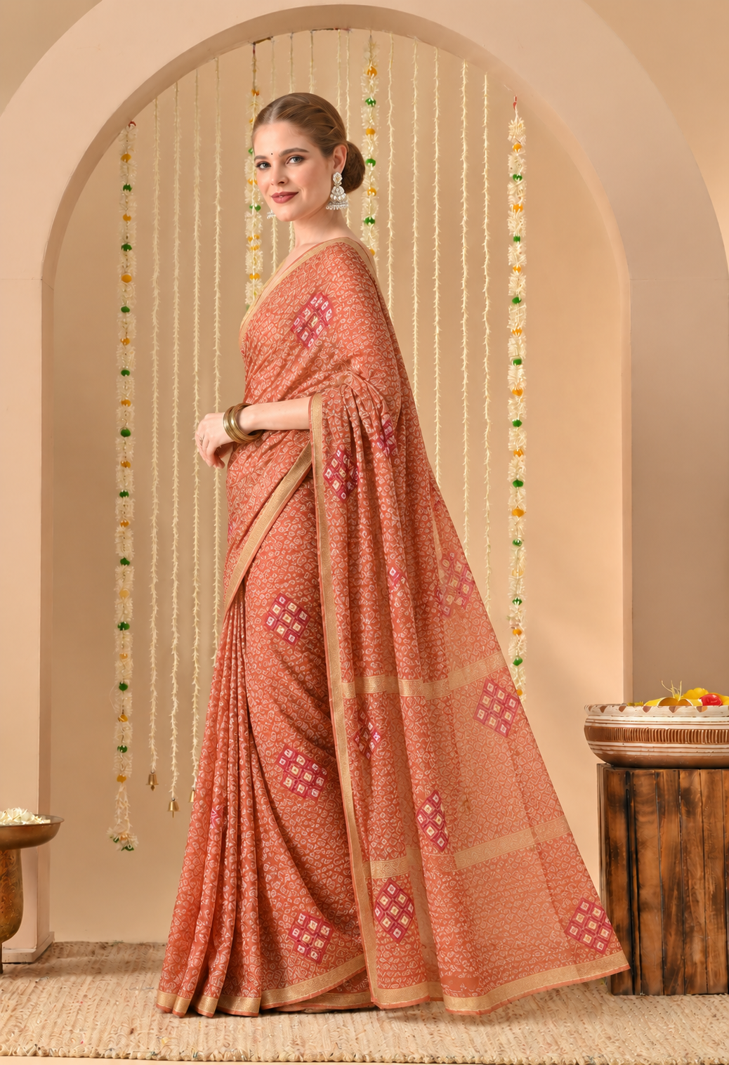 Elegant Rust Orange Chiffon Saree with Traditional Printed Motifs