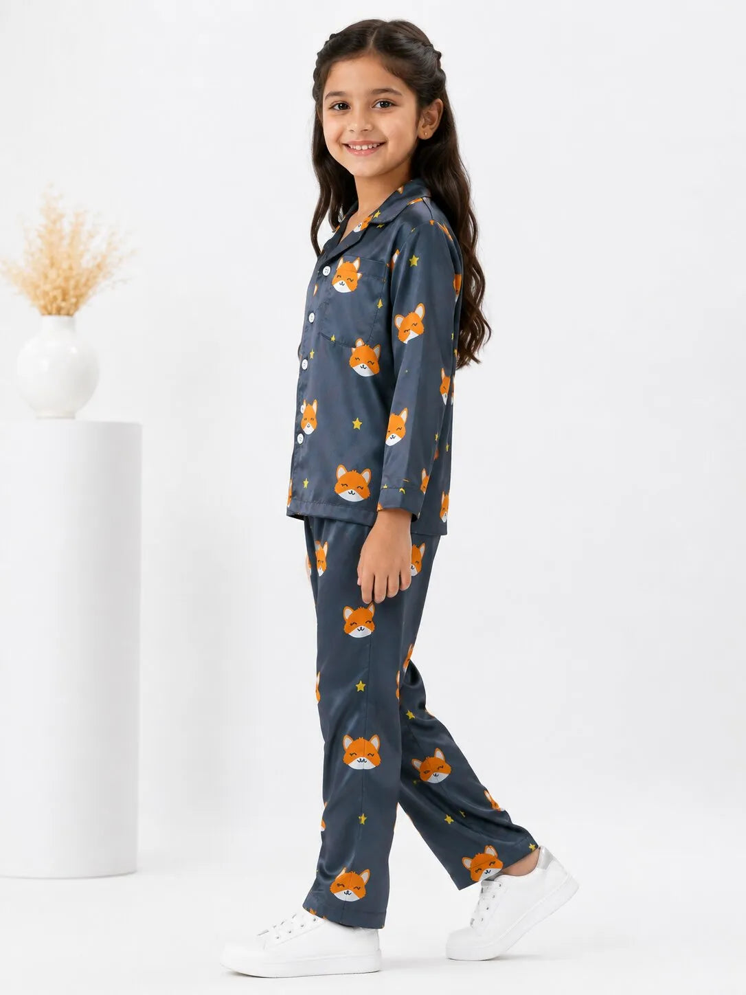 Kids Navy Blue Fox Print Satin Pajama Set
