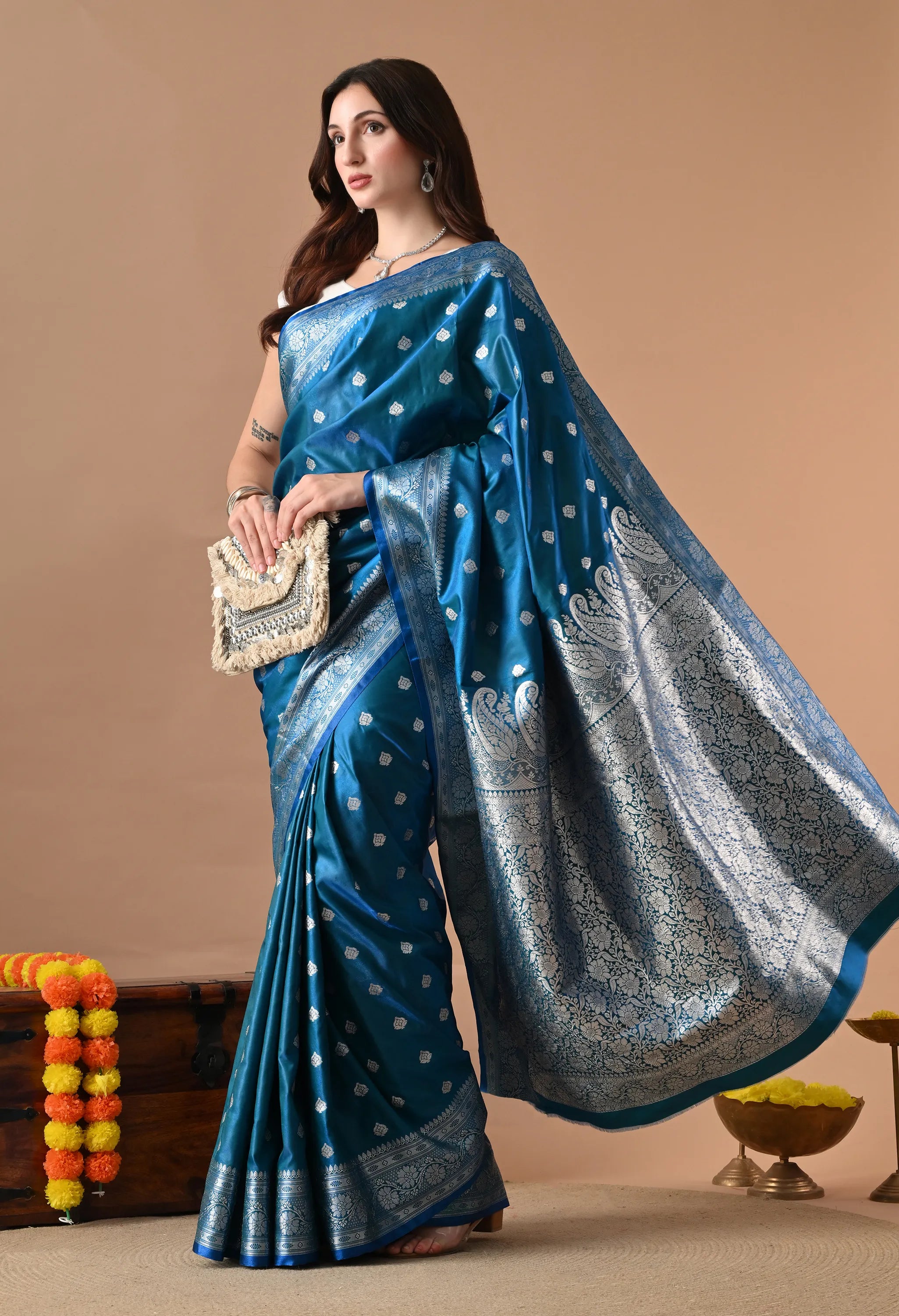 Teal Blue & Silver-Toned Silk Blend Woven Design Banarasi Saree