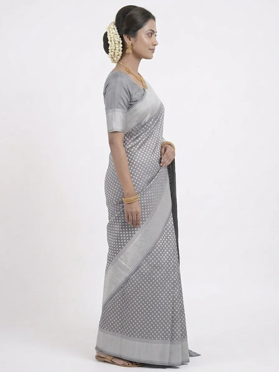 Steel Grey & Silver-Toned Woven Design Banarasi Saree with Unstitched Blouse
