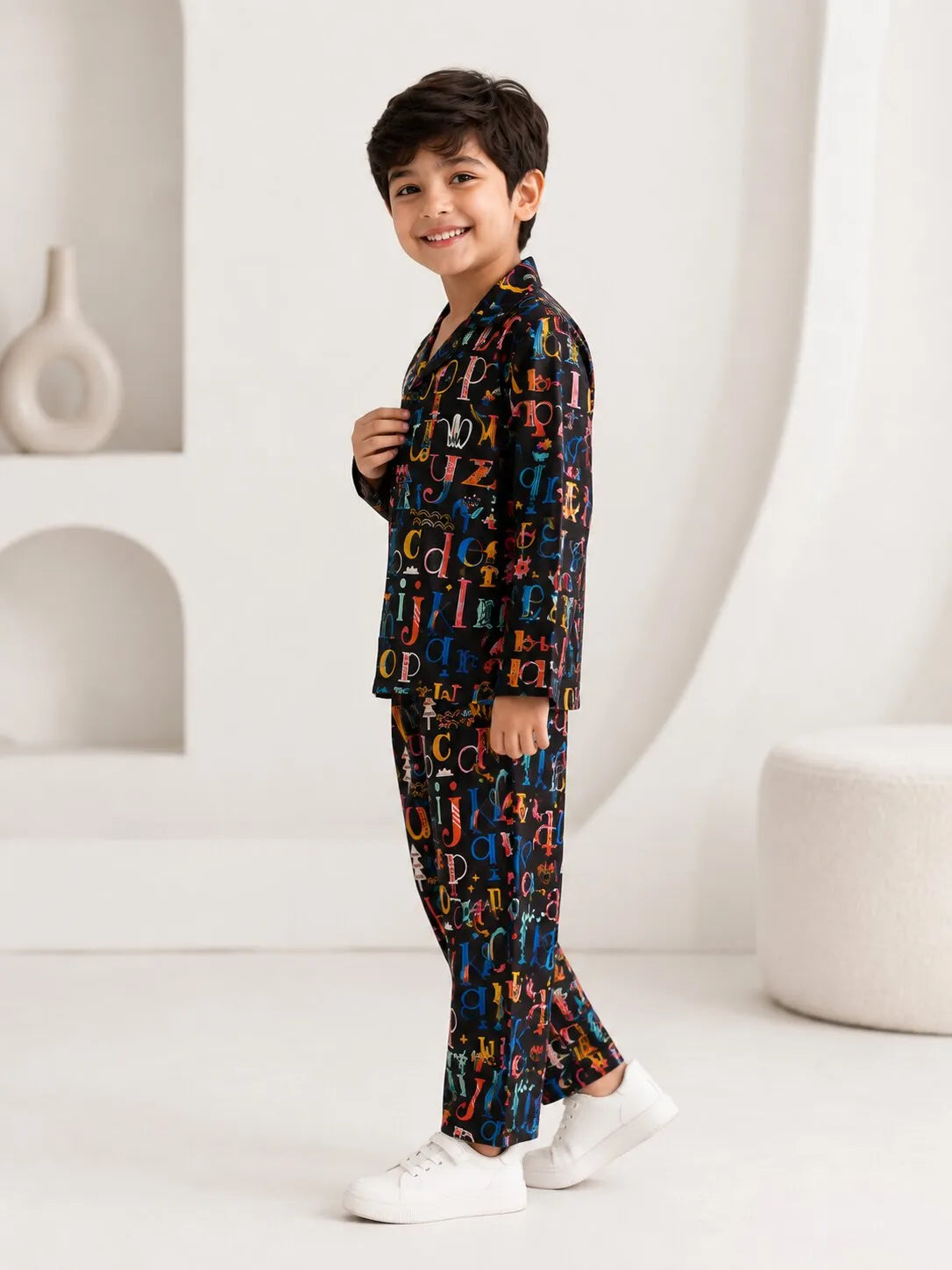 Boys Black Alphabet Print Nightsuit - Full Sleeves Shirt & Pyjamas Set