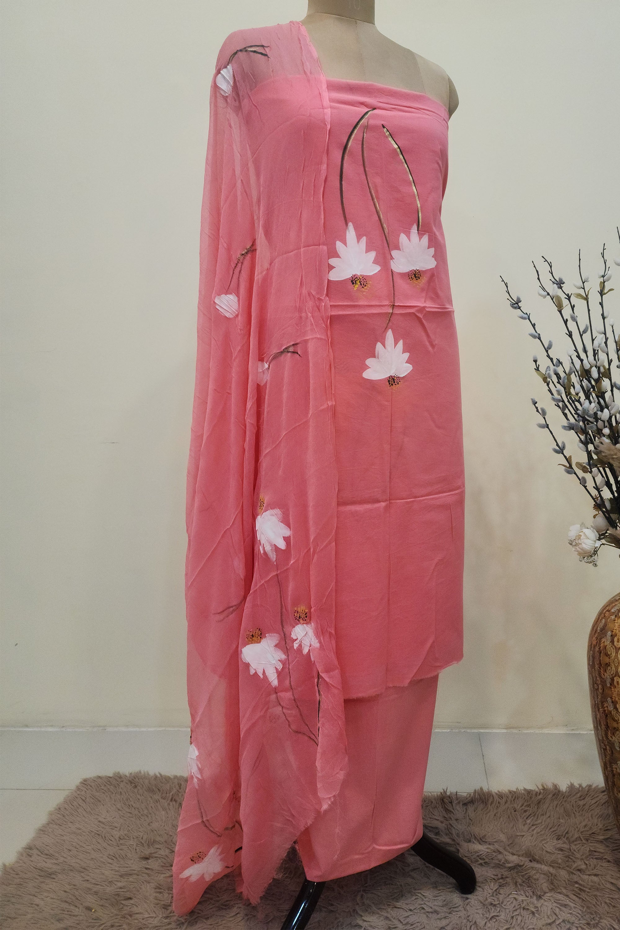 Women Peach-Pink Hand-Painted Pure Cotton Unstitched Dress Material with Chiffon Dupatta