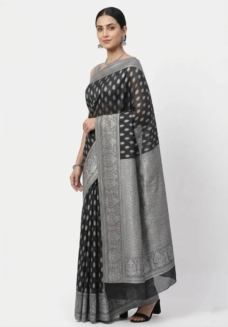 Black & Silver-Toned Woven Design Banarasi Saree with Unstitched Blouse Piece
