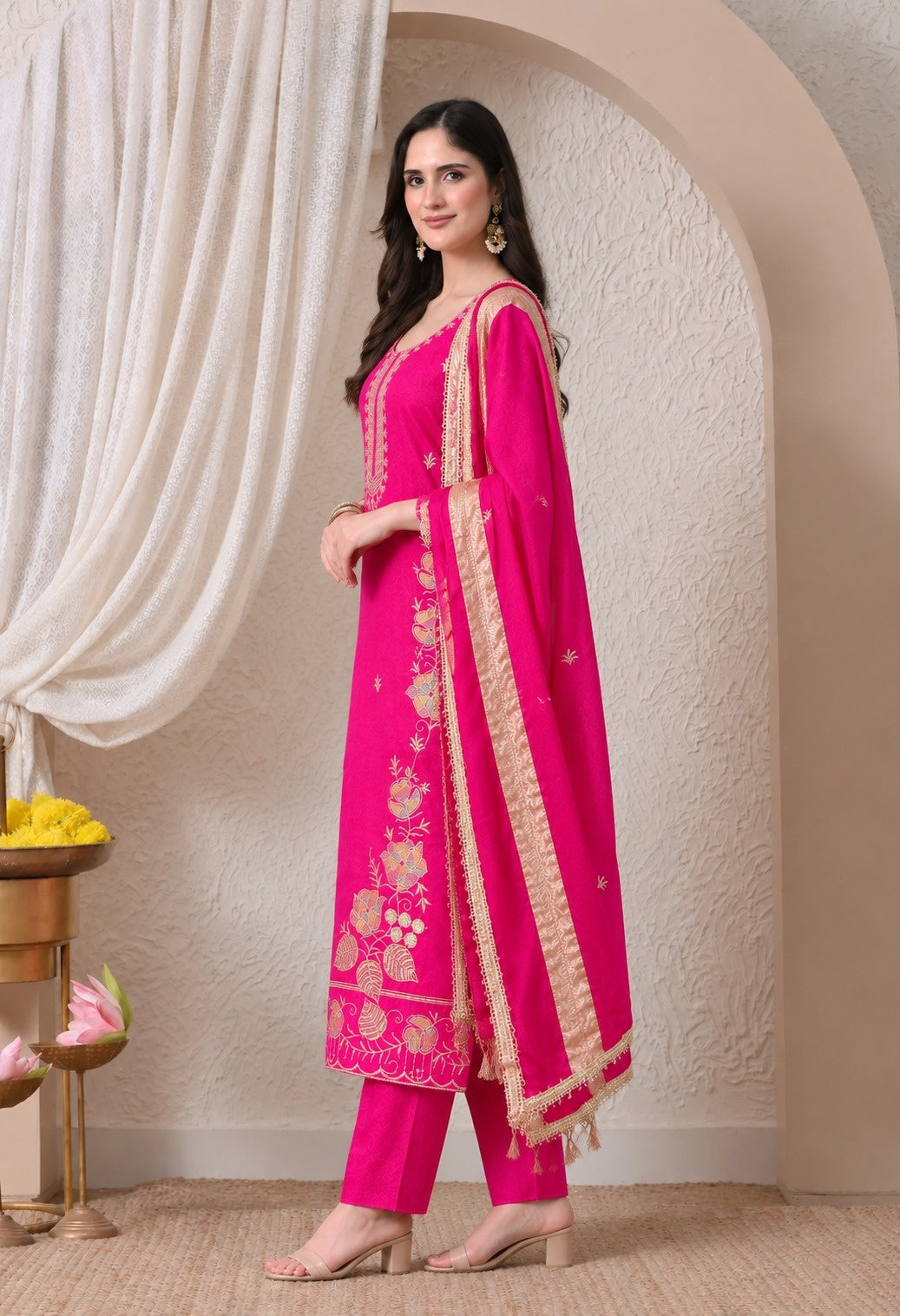 Rani Pink Chanderi Silk Embroidered Suit Set with Organza Dupatta
