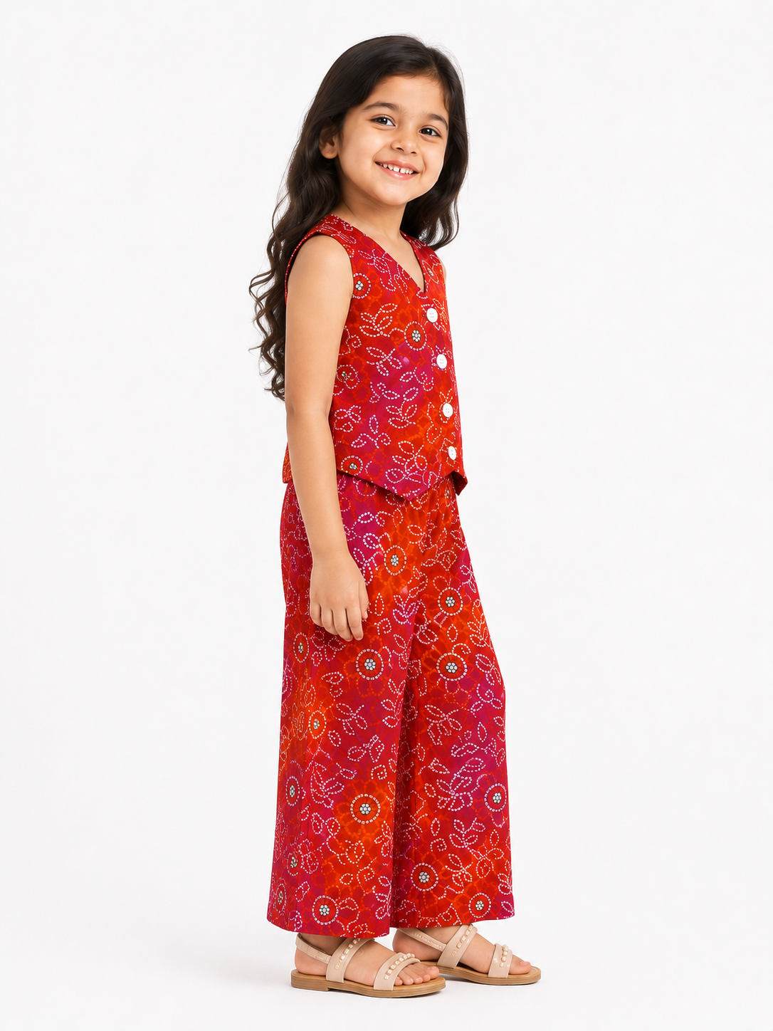 Girls Pure Cotton Bandhani Printed Vest Style Crop Top and Wide-Leg Trousers Co-Ord Set