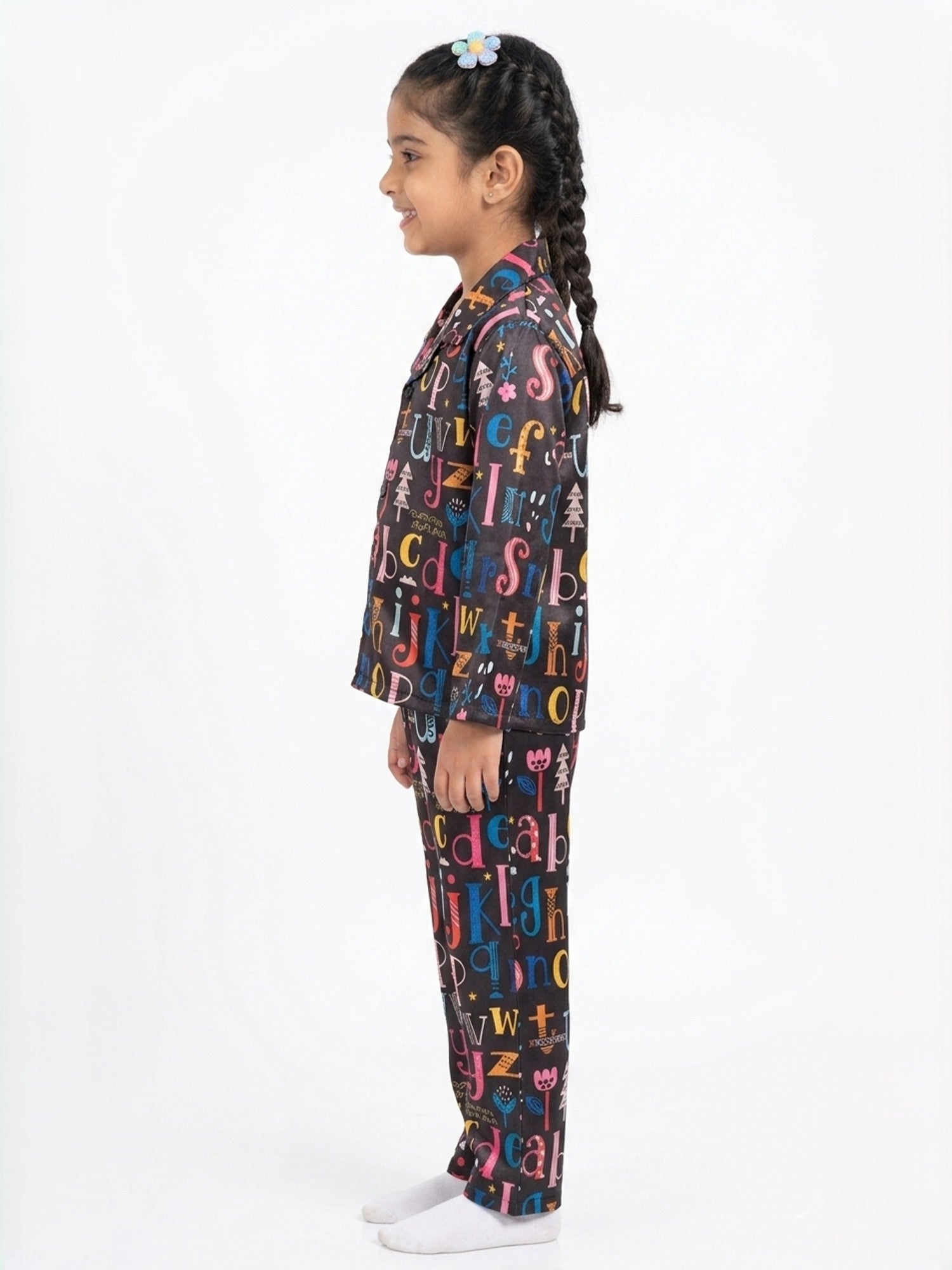 Girls Black & Multicolor Alphabet Print Satin Night Suit