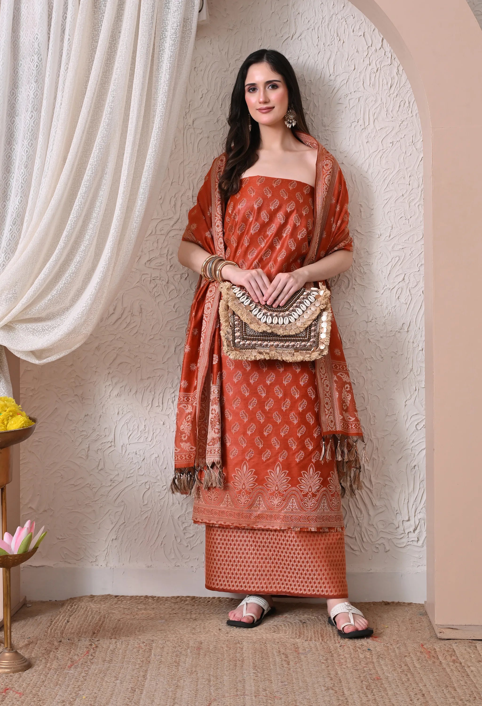 Elegant Rust Orange and Gold Woven Silk Unstitched Salwar Suit Material with Banarasi Style Dupatta