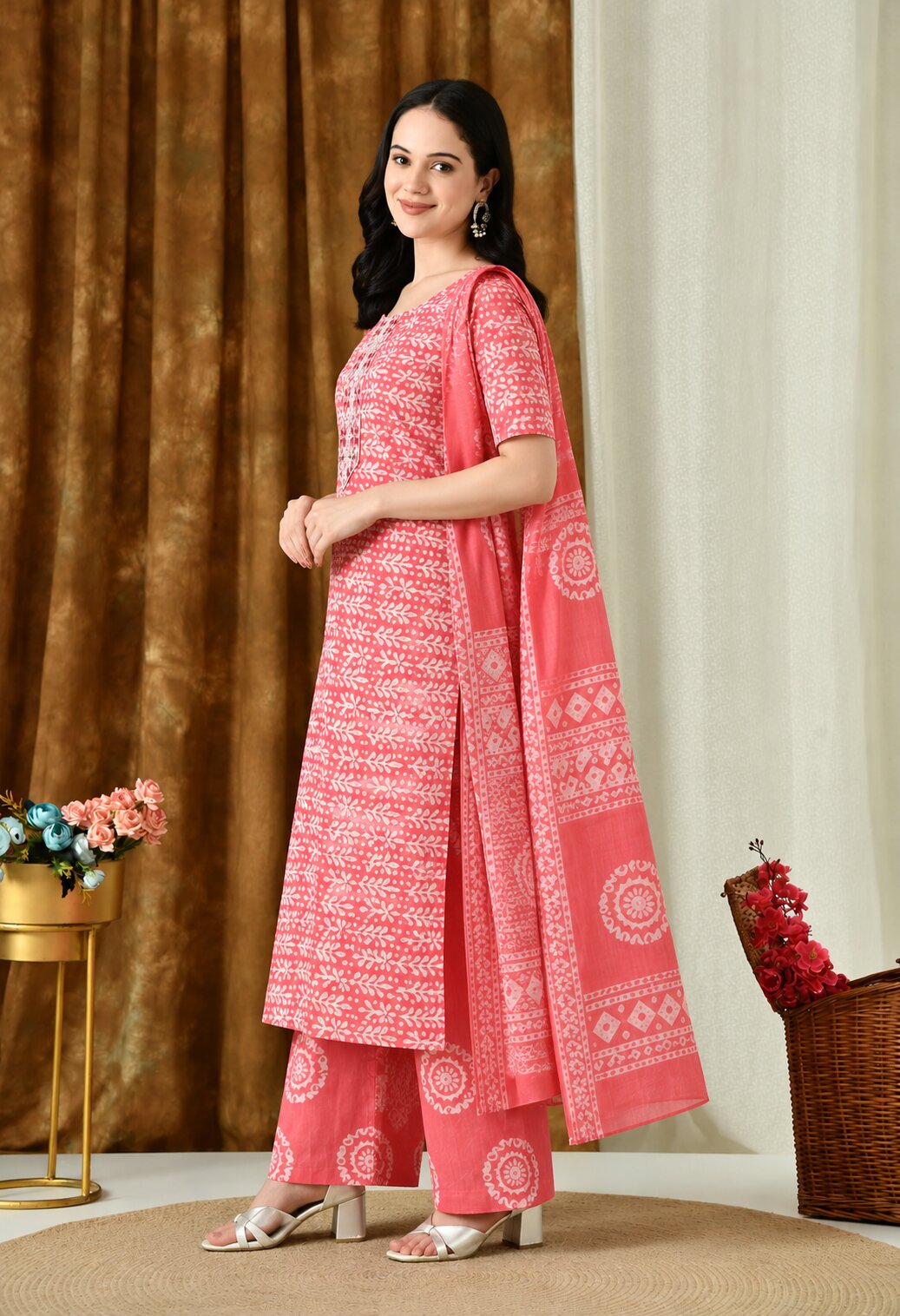 Red cotton printed Suit Set with Matching Cotton Dupatta