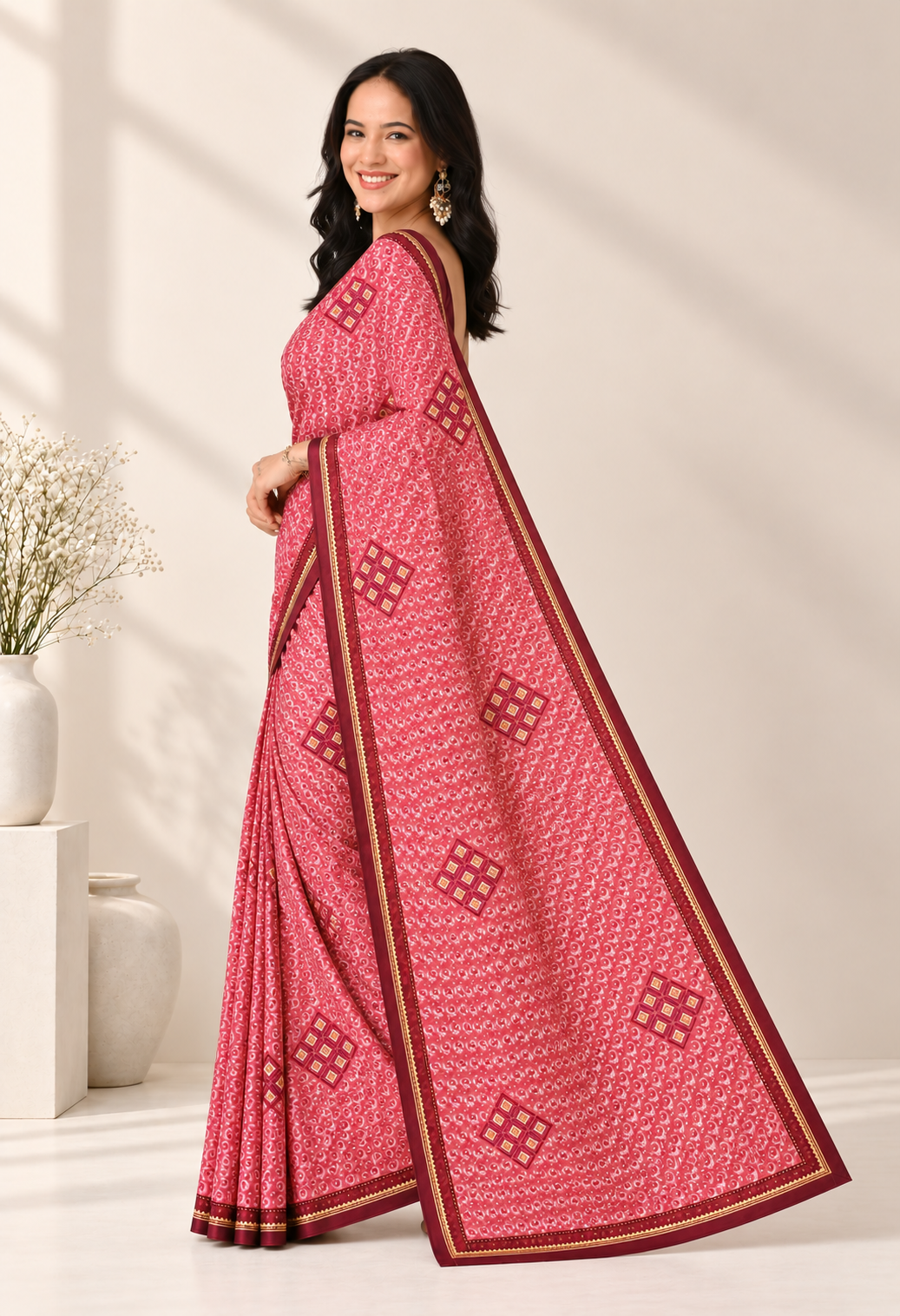 Elegant Red Chiffon Saree with Geometric Printed Design
