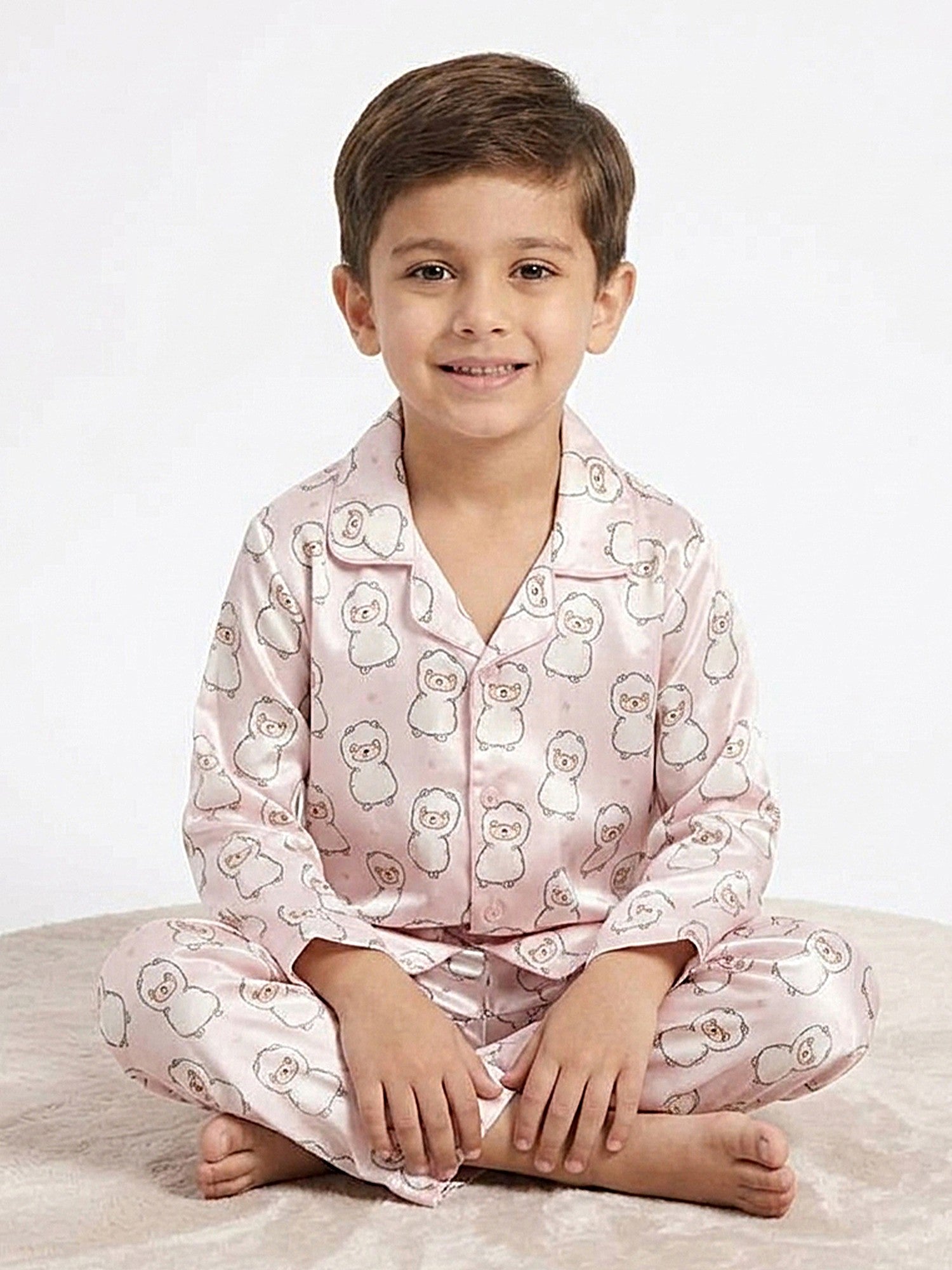 Boys Pink & White Cartoon Print Satin Night Suit Set
