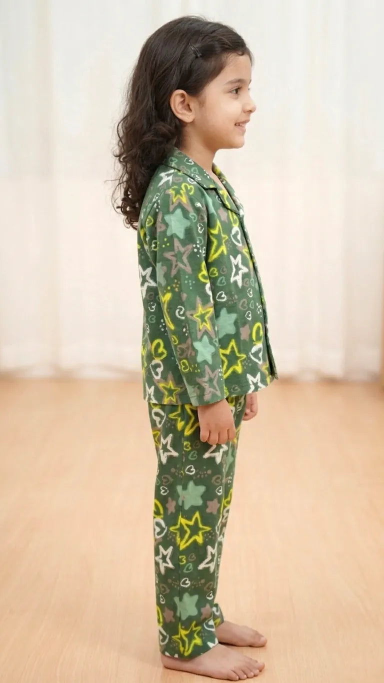 Girs  Pure Cotton Olive Green Star & Heart Print Night Suit