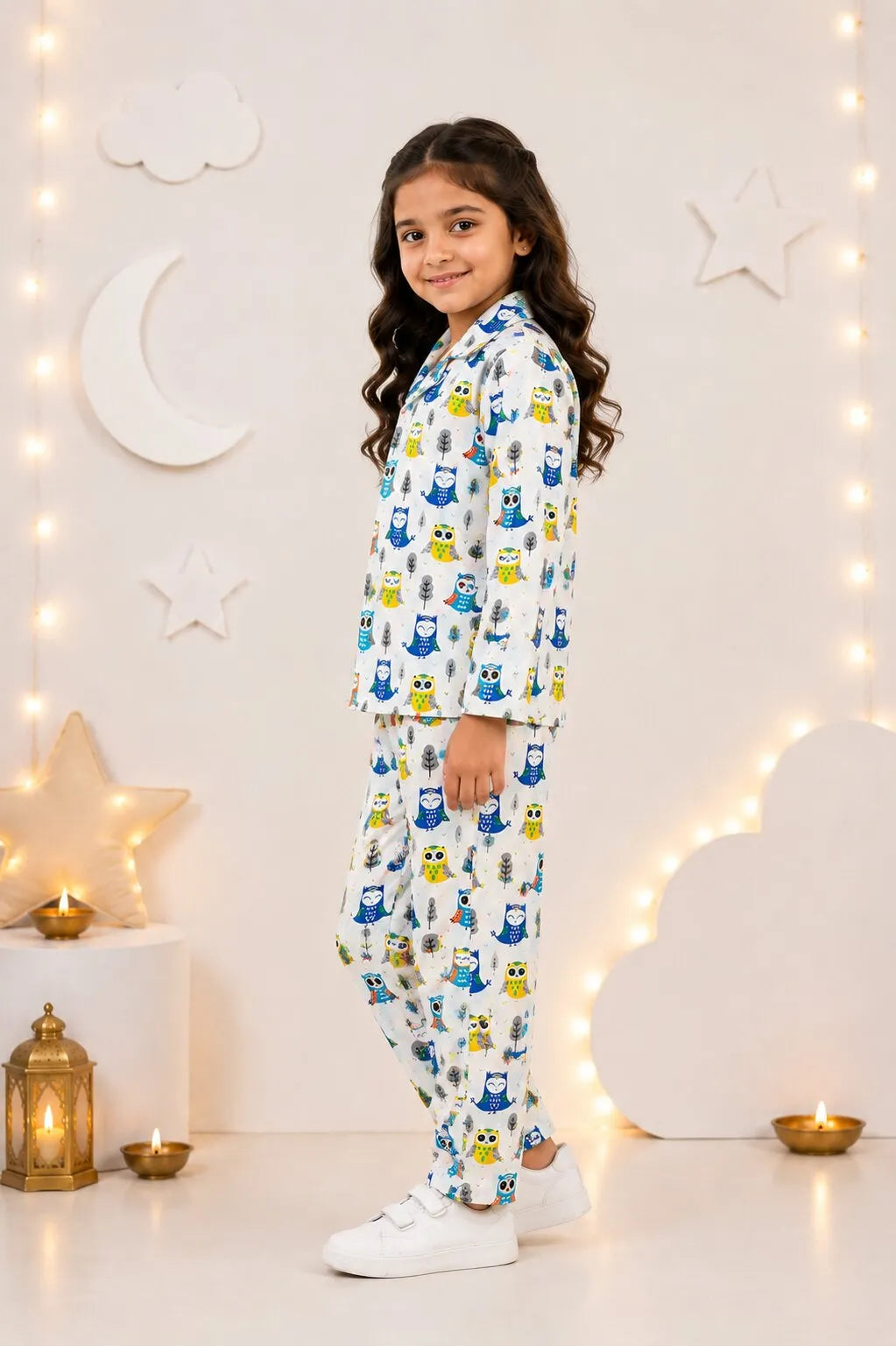 White & Blue Owl Print Pure Cotton Girls Night Suit