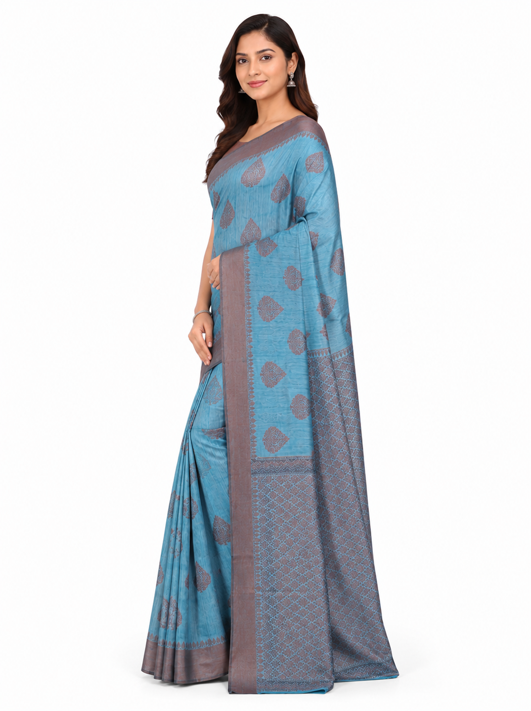 Teal Blue & Bronze-Toned Leaf Woven Design Banarasi Silk Saree with Unstitched Blouse