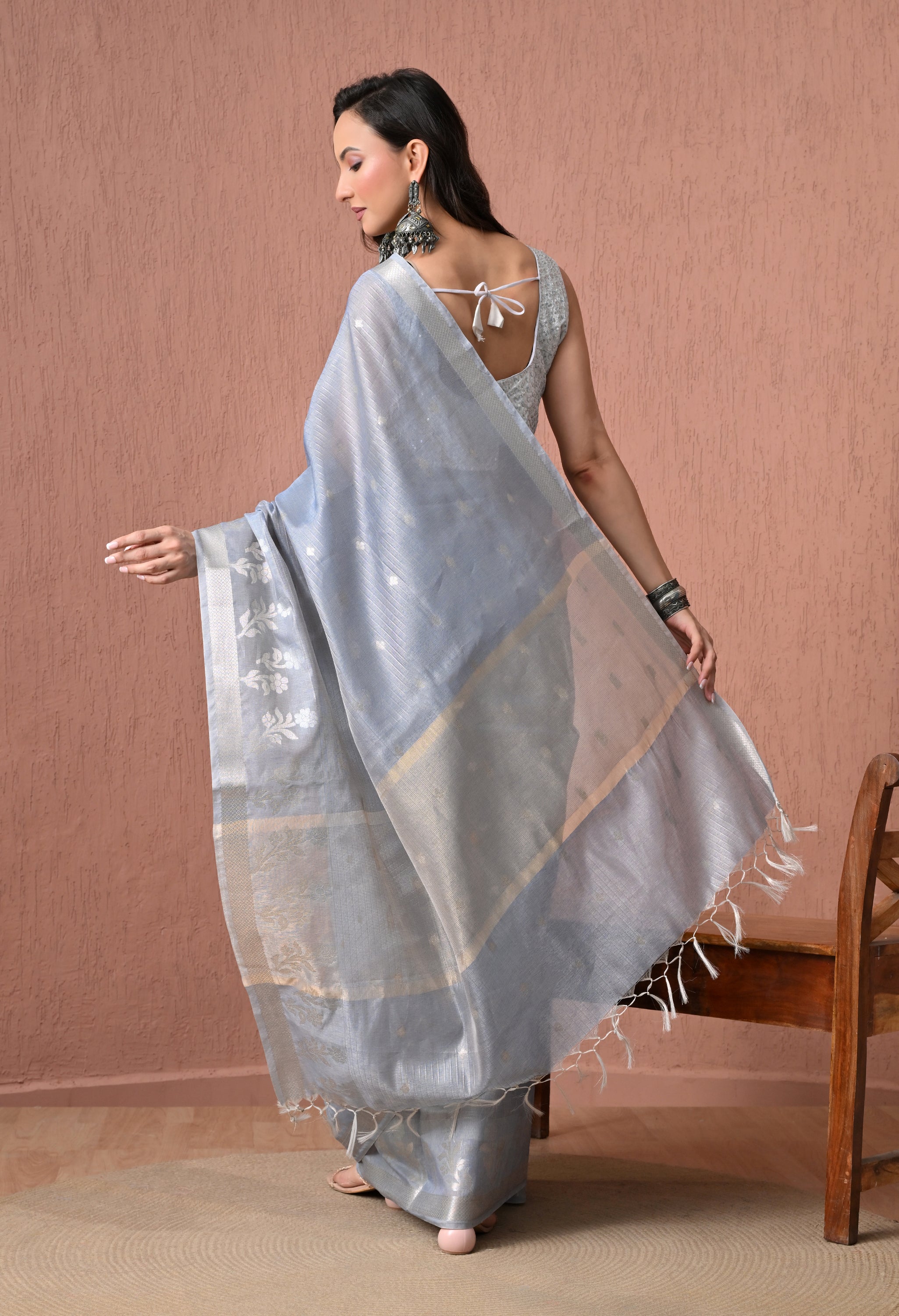 Pure Cotton  Saree in Light Blue with Silver Zari Floral Artistry