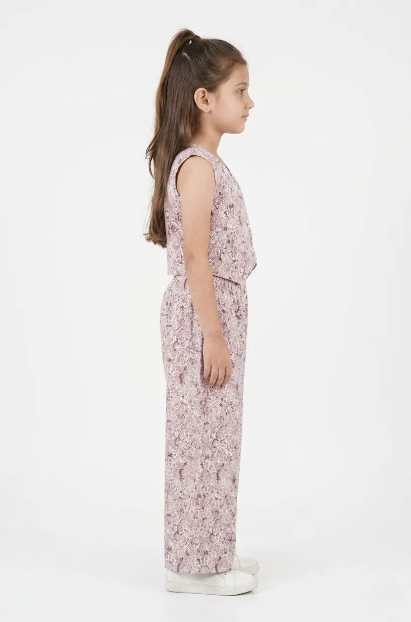 Girls Mauve & White Floral Printed Pure Cotton Co-ord Set