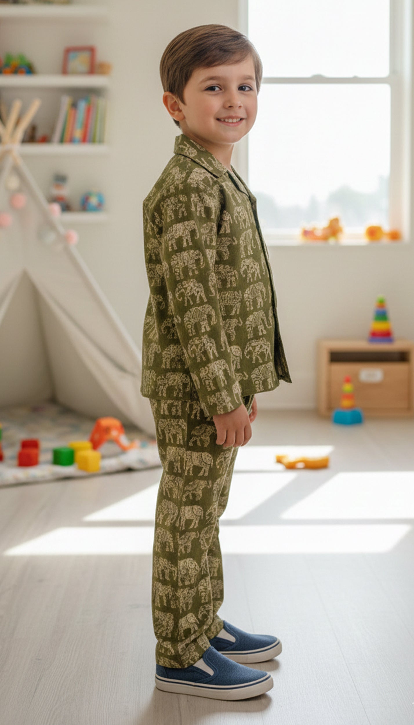 Kids Olive Green & Beige Elephant Print Cotton Lounge Set