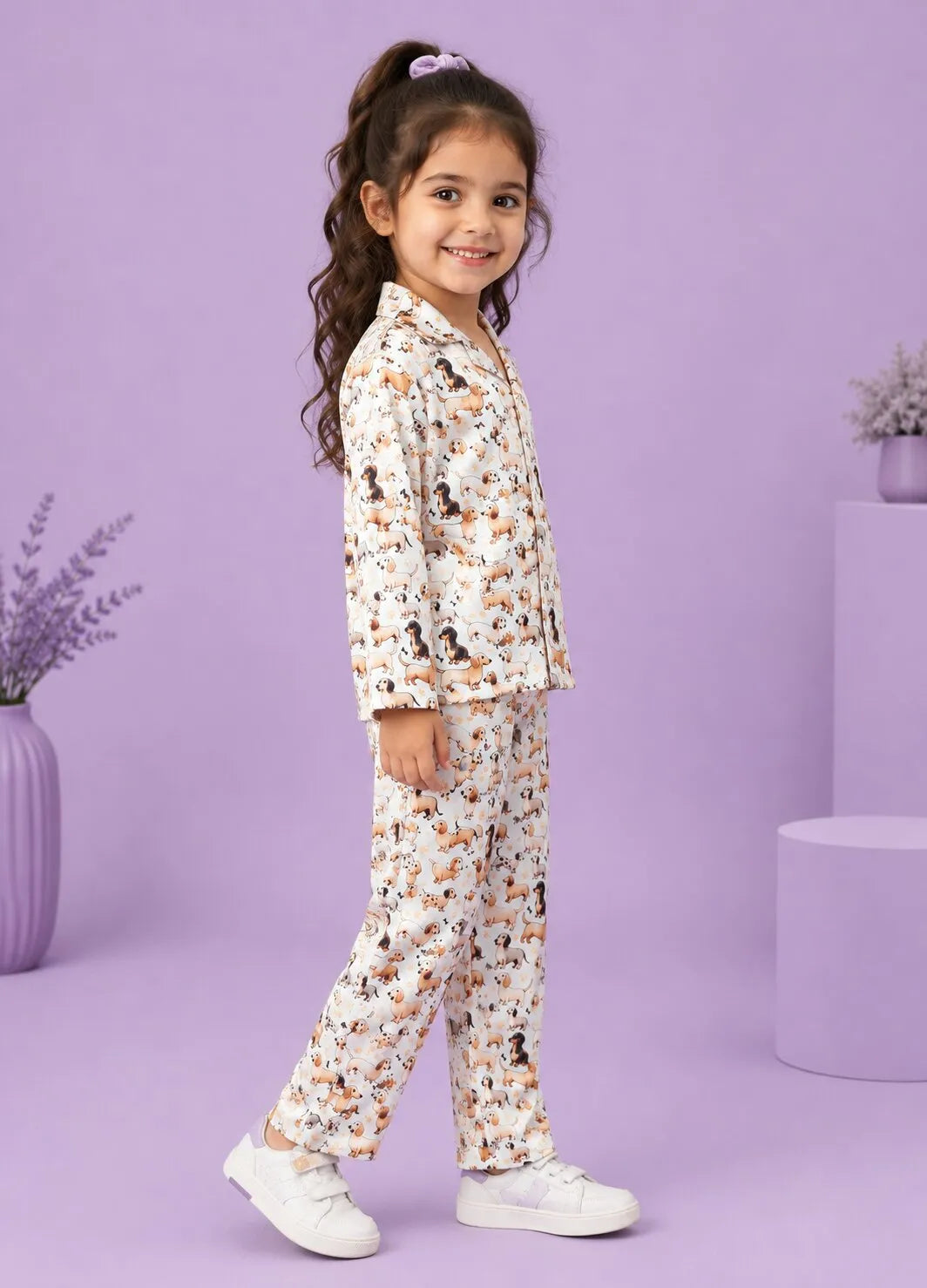 Girls Satin Dog Print Night Suit Set – Cream
