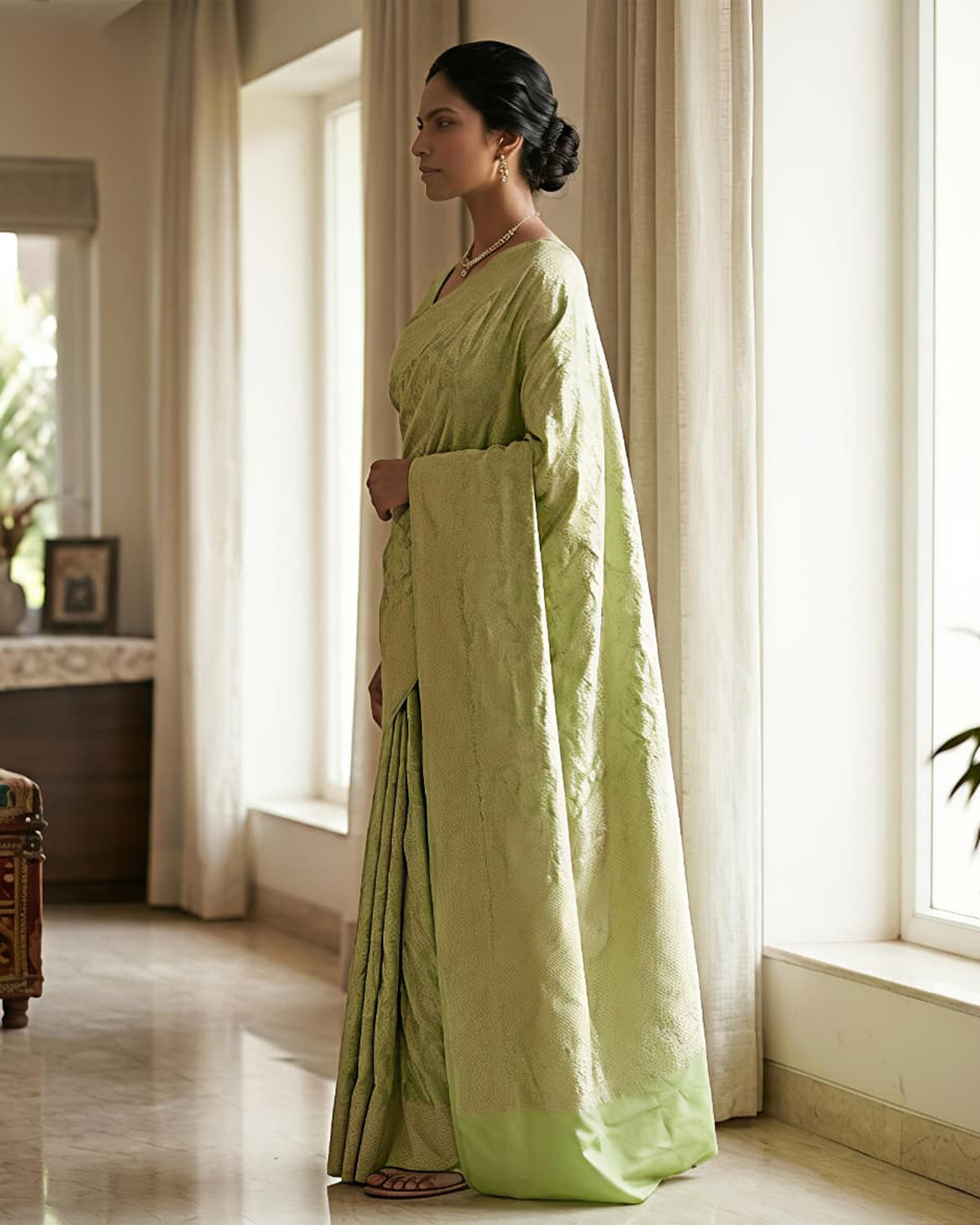 Lime Green Ethnic Motifs Woven Design Saree