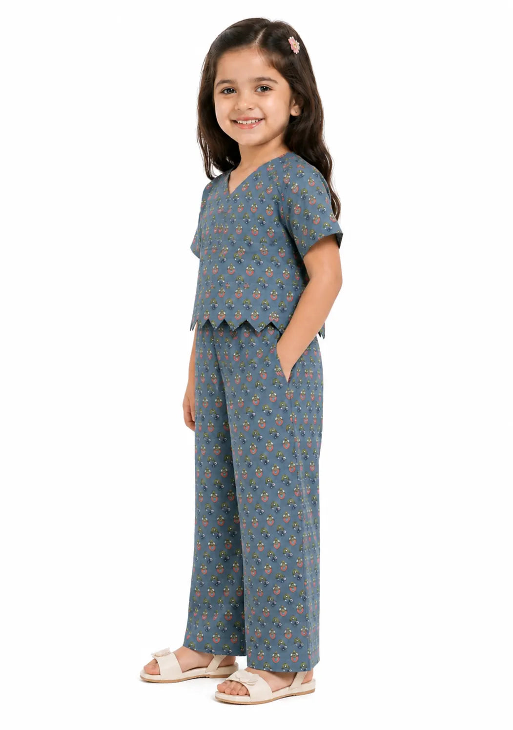 Girls Blue Floral Printed Pure Cotton Scalloped Hem Co-ord Set
