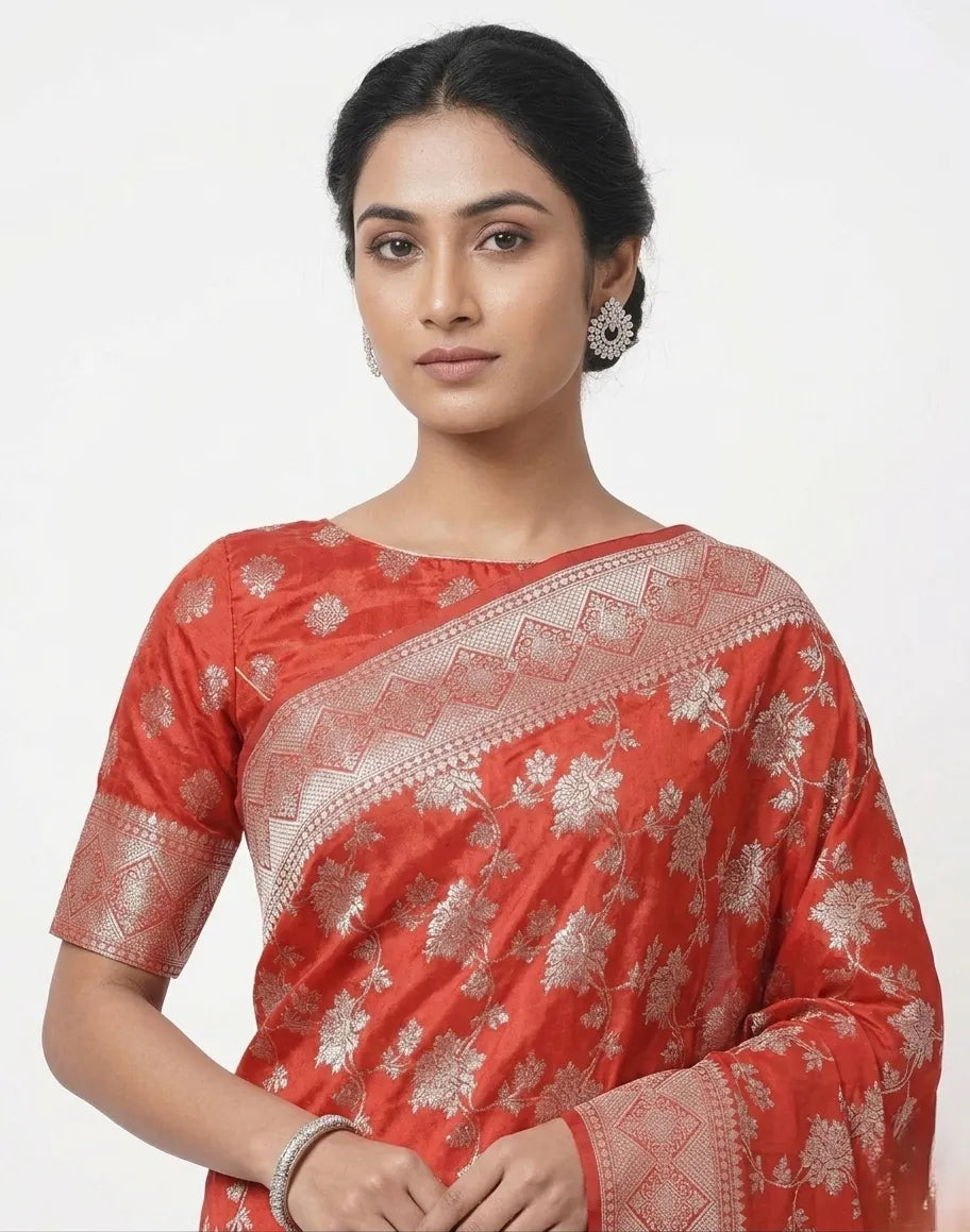 Red Banarasi Silk Blend Woven Design Saree